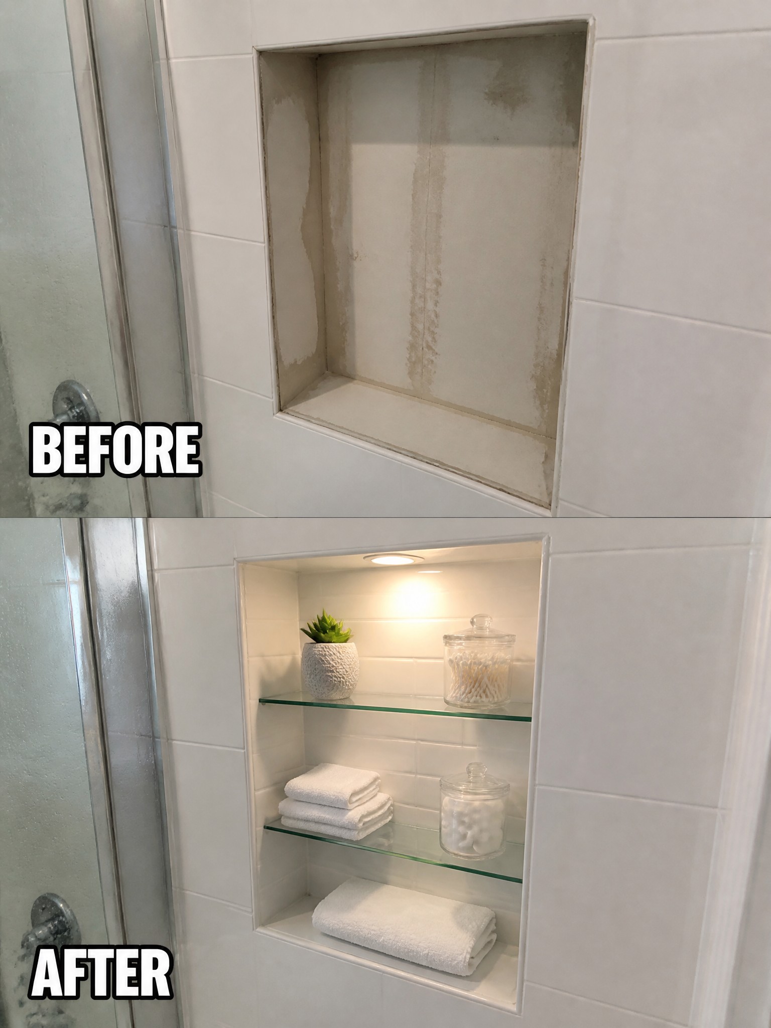 Before and after shower niche transformation; clean shelves with towels and decor displayed.