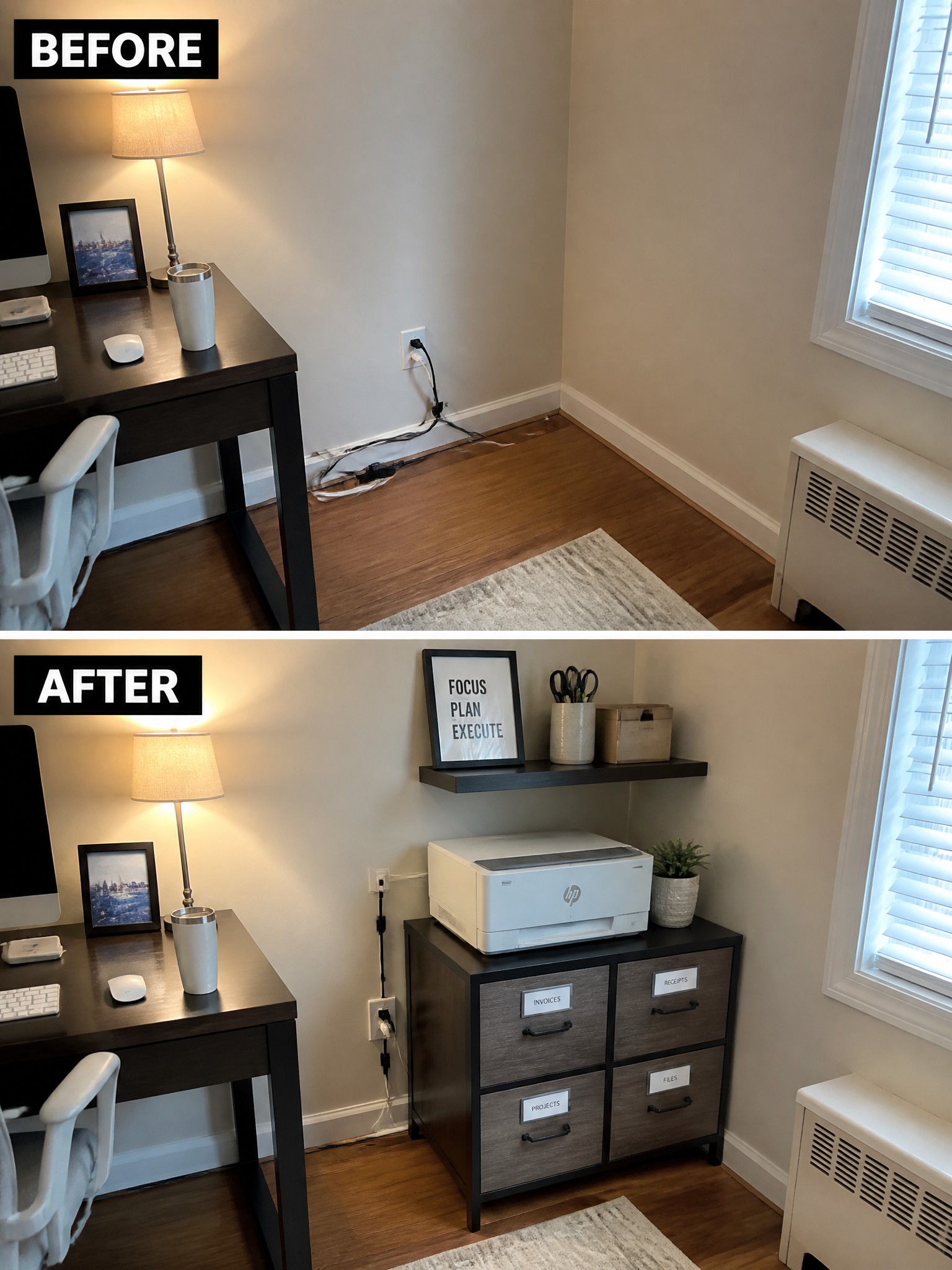 Home office before and after: messy wires transformed into an organized workspace.