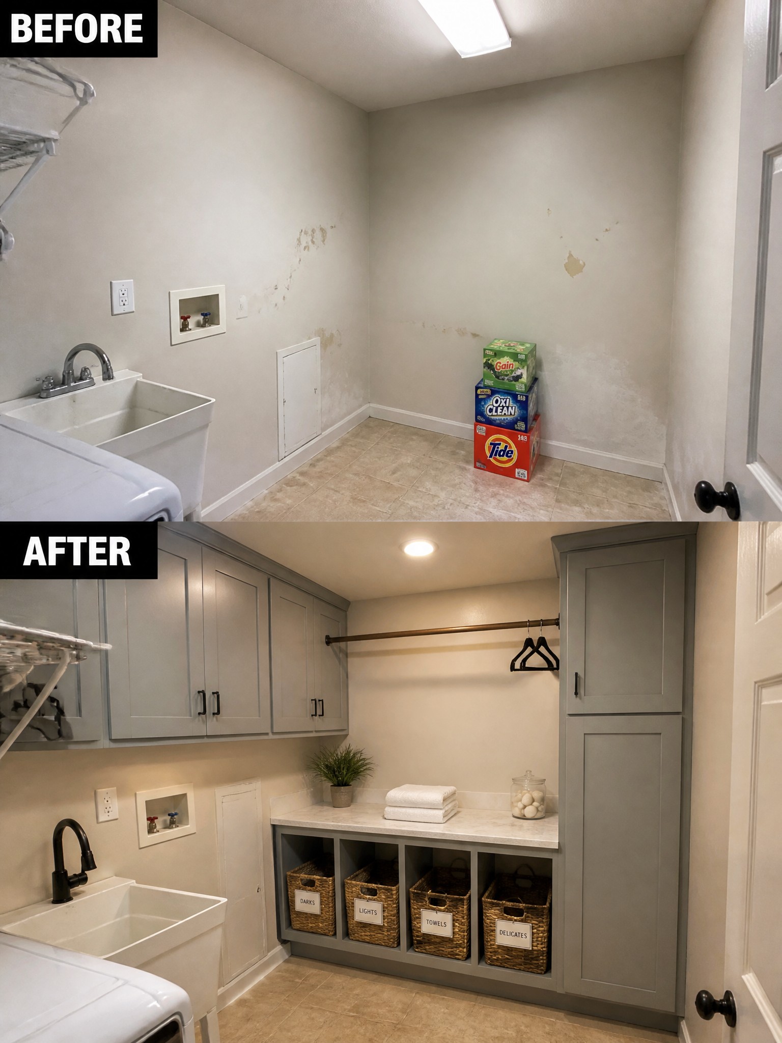Before and after laundry room transformation with cabinets, storage baskets, and cleaner finishes.
