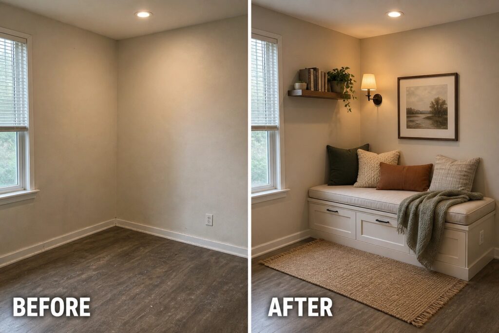 25 Creative Room Transformation Ideas for Empty Spaces That Feel Forgotten Before-and-after image of an empty room corner turned into a seating area with built-in benches, cushions, a rug, and wall decor.