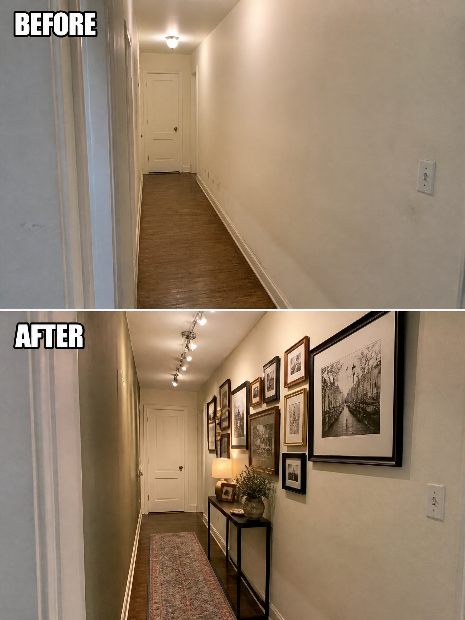 Before-and-after image of a plain narrow hallway transformed with a gallery wall of framed art, a console table, a runner rug, and updated lighting.