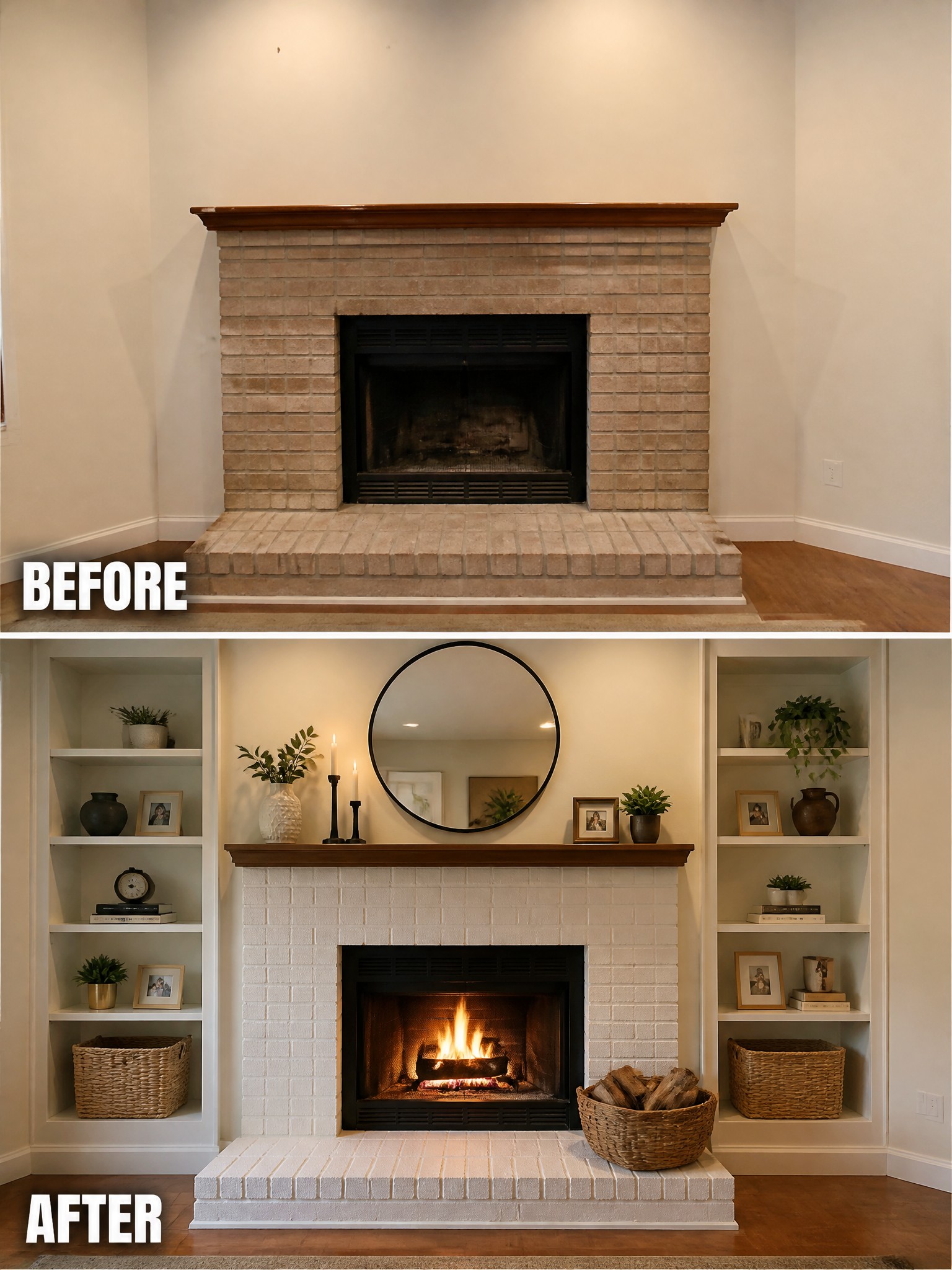 Before-and-after image of a brick fireplace transformed by painting it white and adding built-in shelves on both sides.