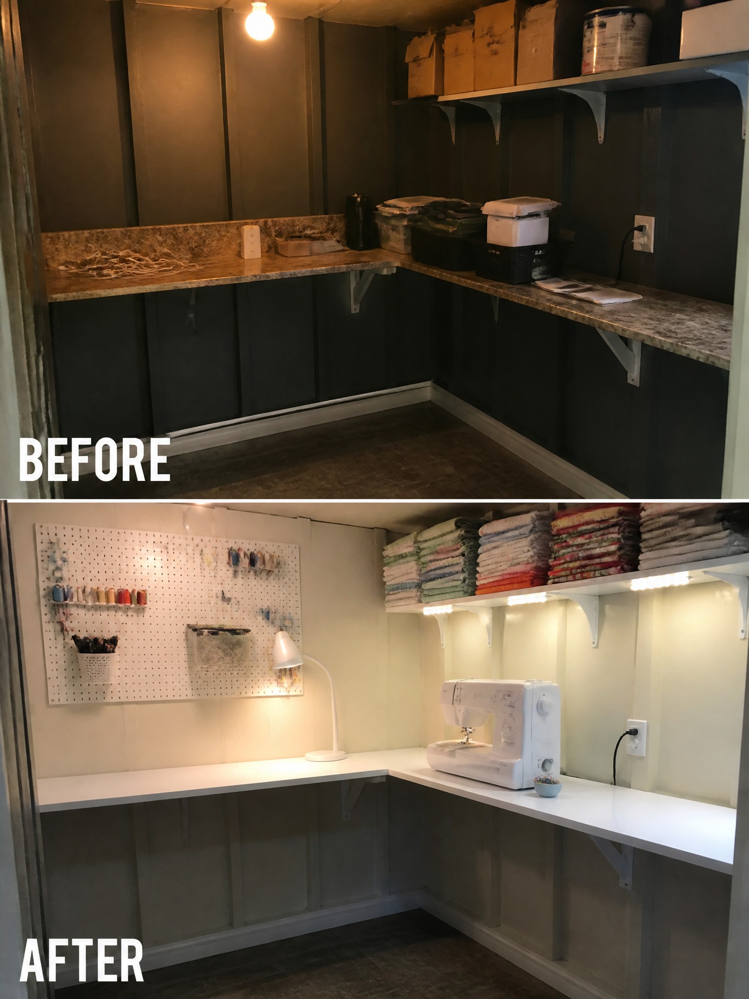 Before-and-after image of a cluttered storage area transformed into a sewing and craft room with white counters, a pegboard, and organized fabric shelves.