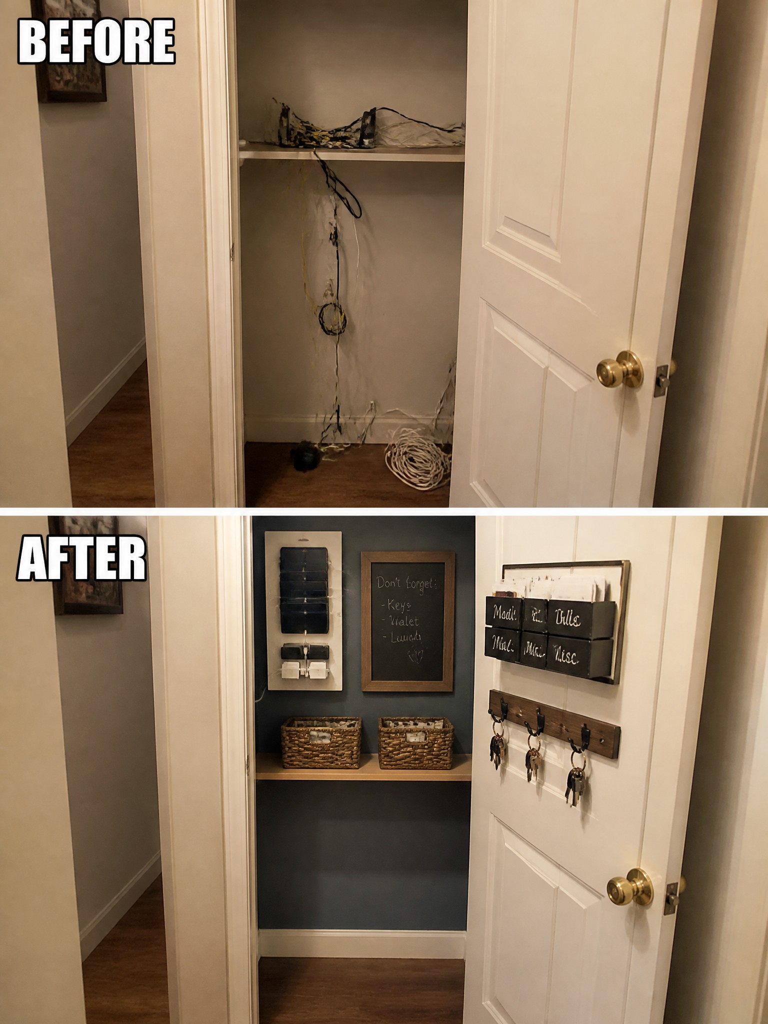 Before and after of a closet transformation, from cluttered wires to organized storage.