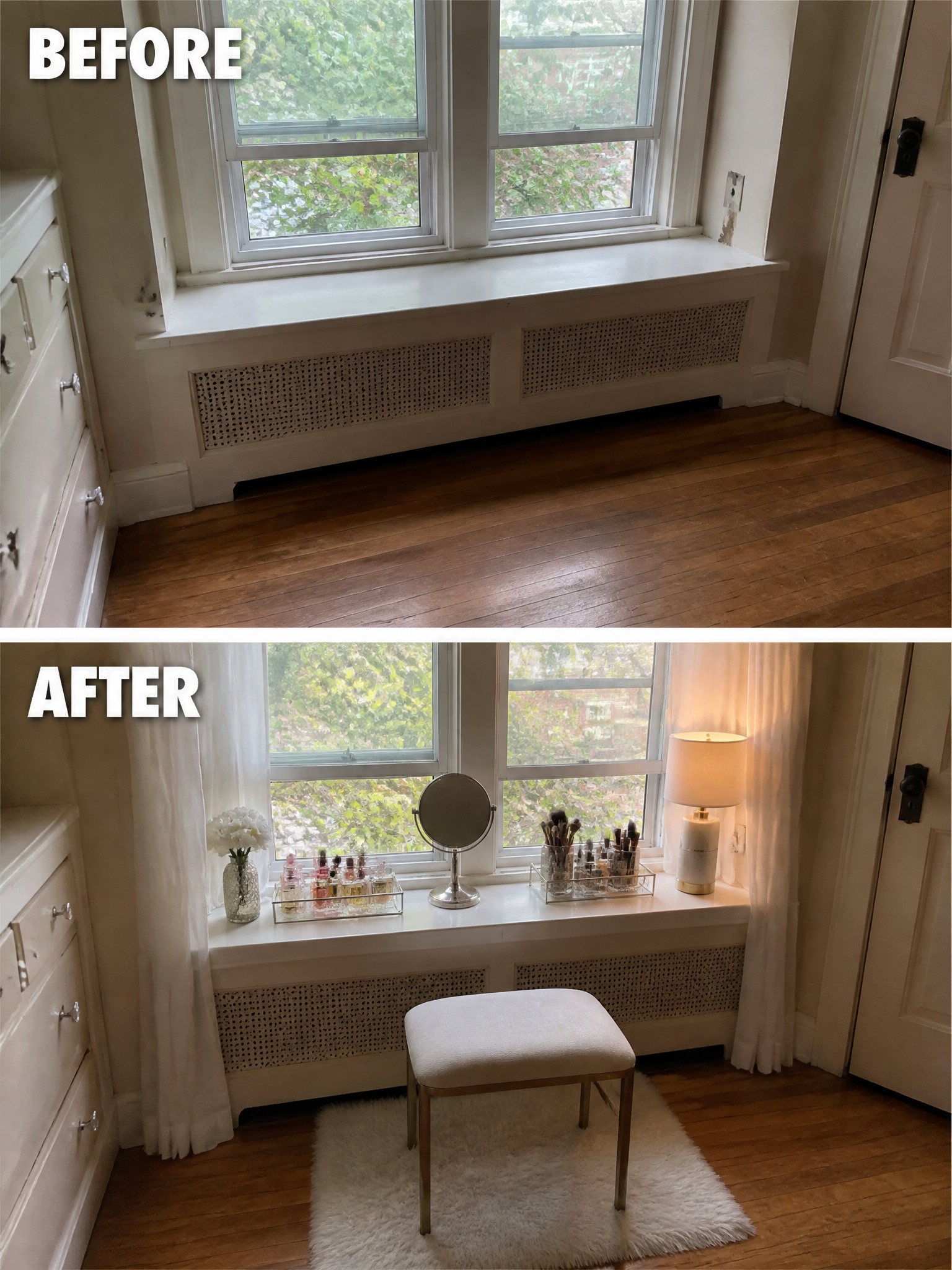 Before and after images of a window seat area, styled with decor and a stool.