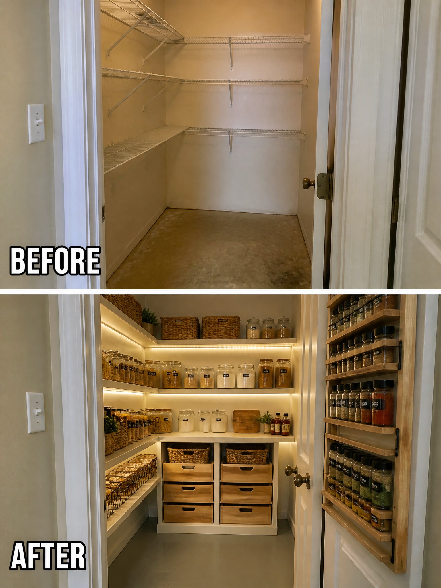 Before and after pantry transformation, featuring organized shelves, jars, and baskets.