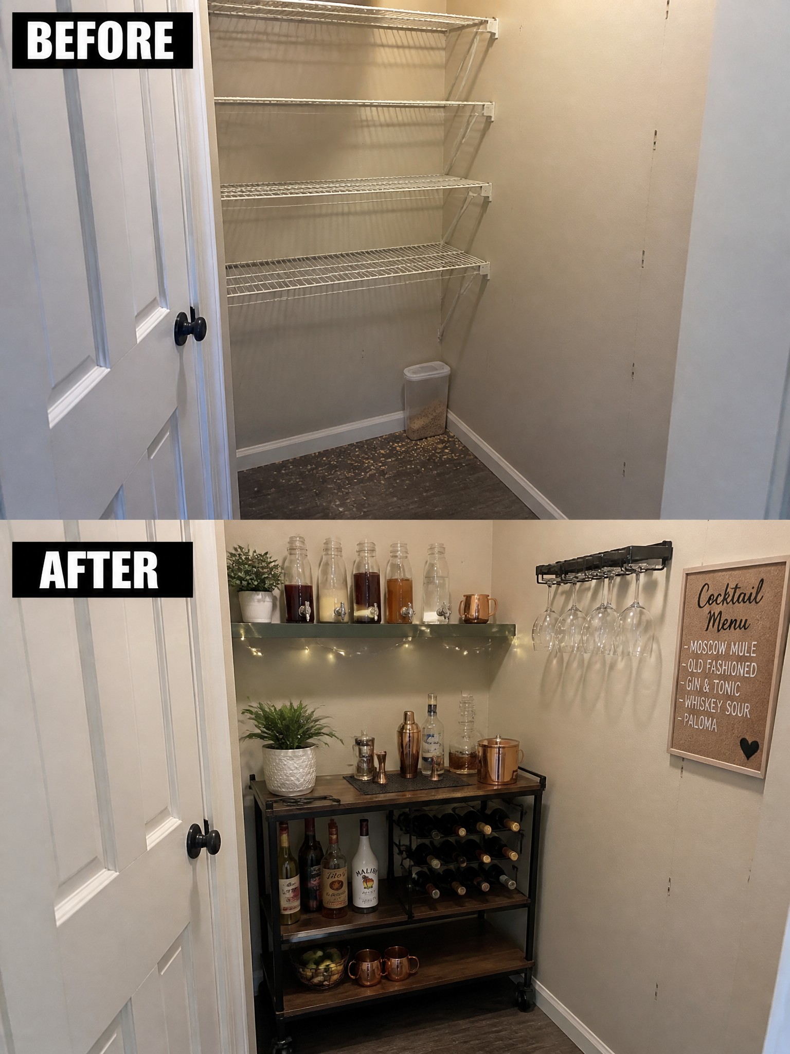 Before: empty pantry with wire shelves. After: stylish bar area with drinks and decor.