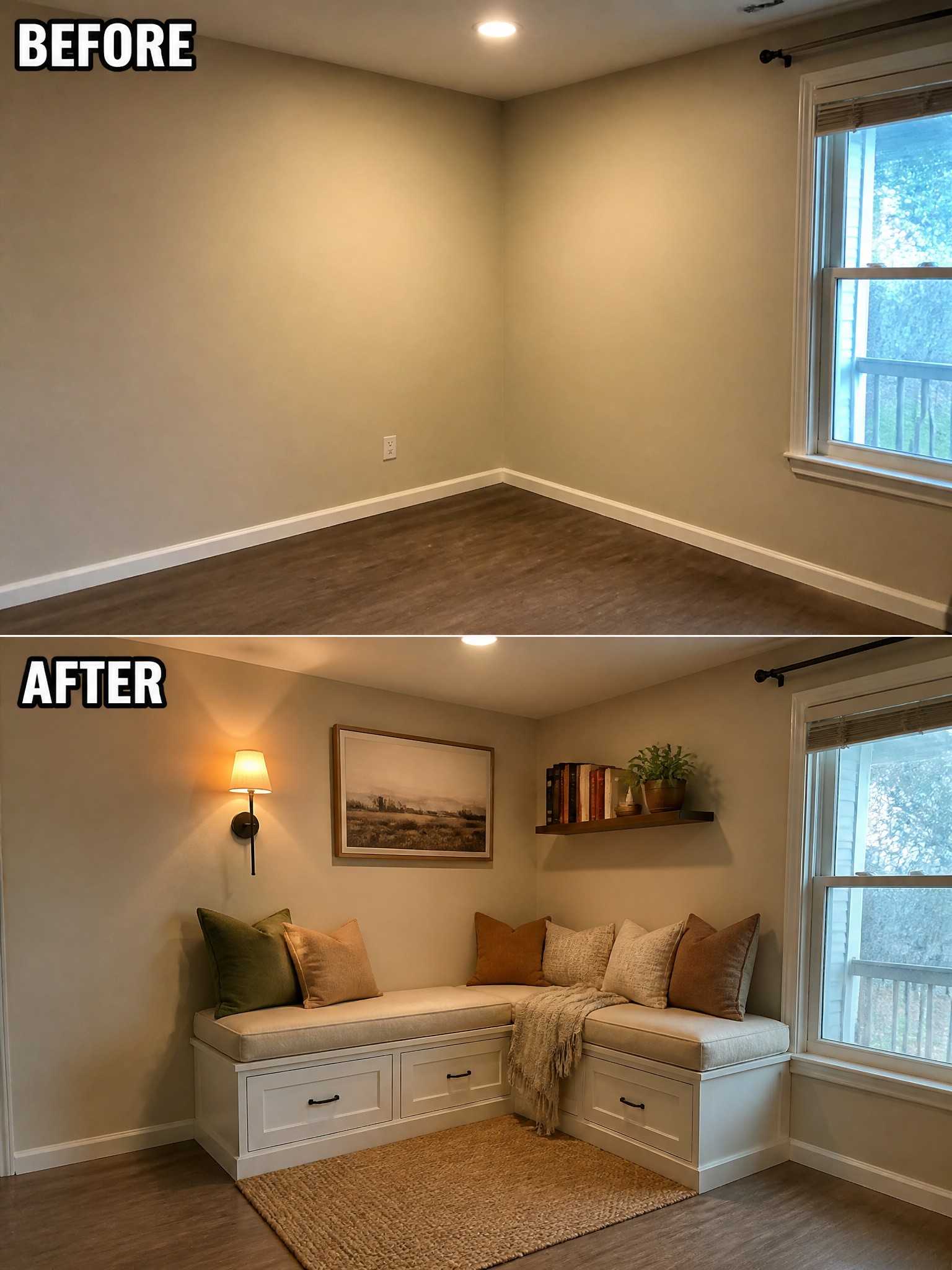 Before-and-after image of an empty room corner turned into a seating area with built-in benches, cushions, a rug, and wall decor.