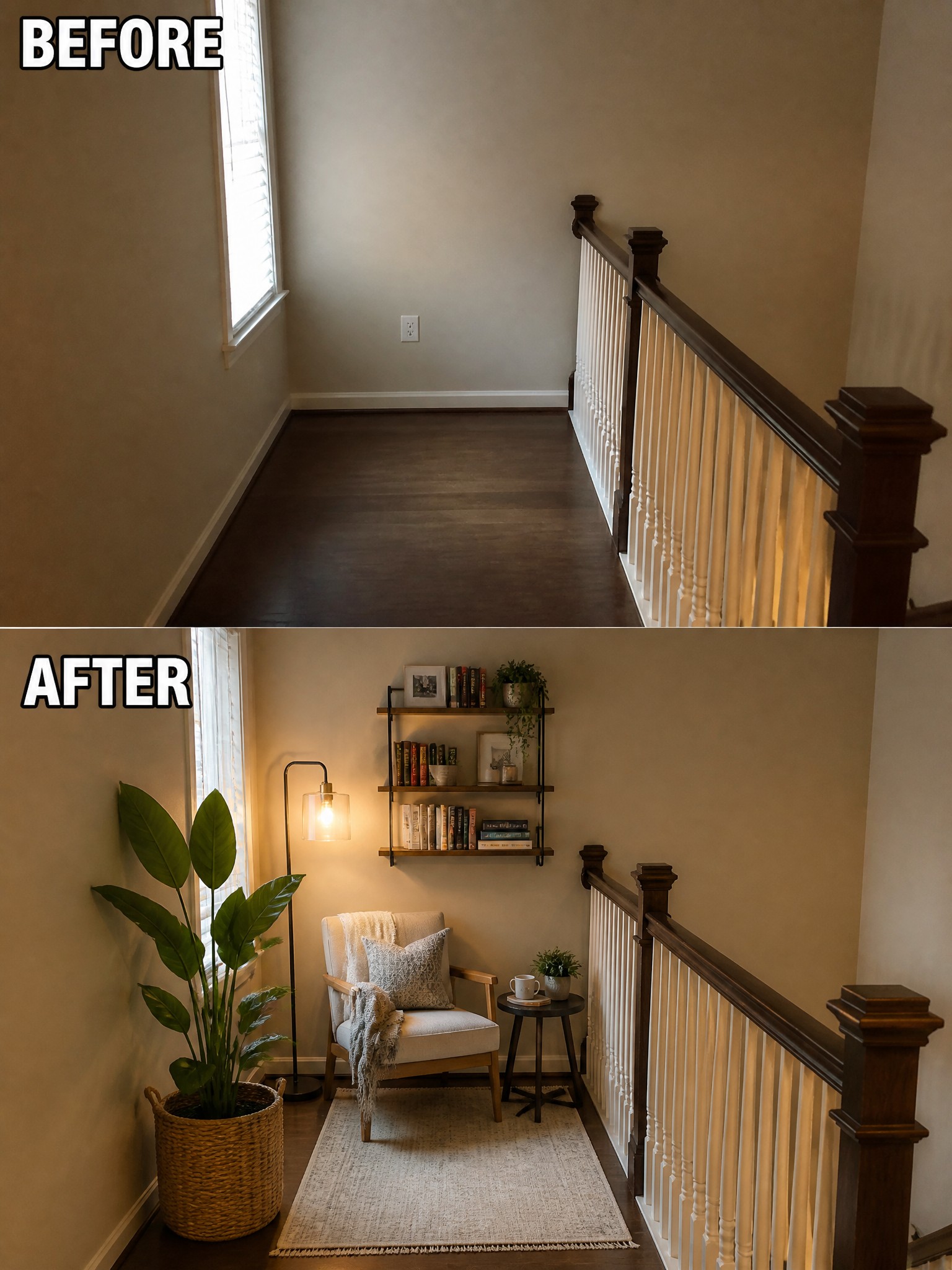 Before-and-after transformation of a hallway corner into a cozy reading nook.