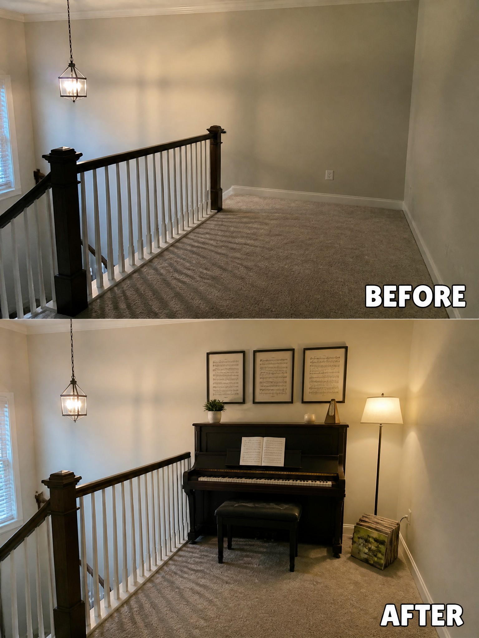 Before and after transformation of a stair landing featuring a piano and decor.
