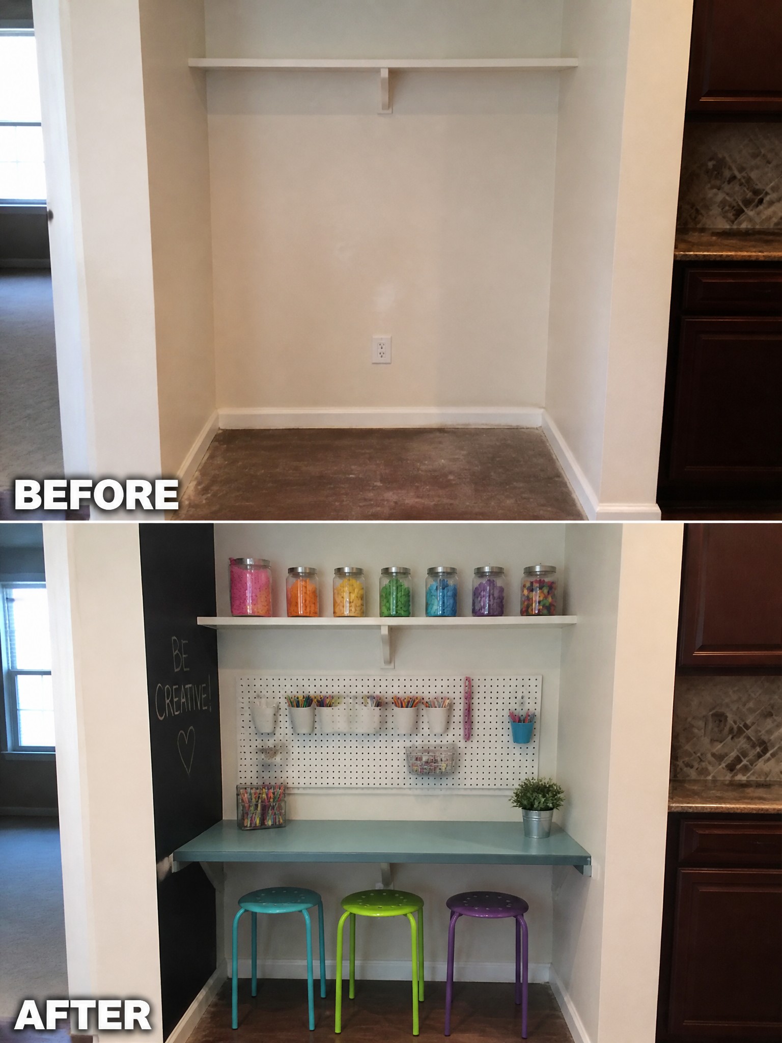 Before-and-after image of an empty recessed space transformed into a craft station with a desk, stools, pegboard, chalkboard, and supply jars.