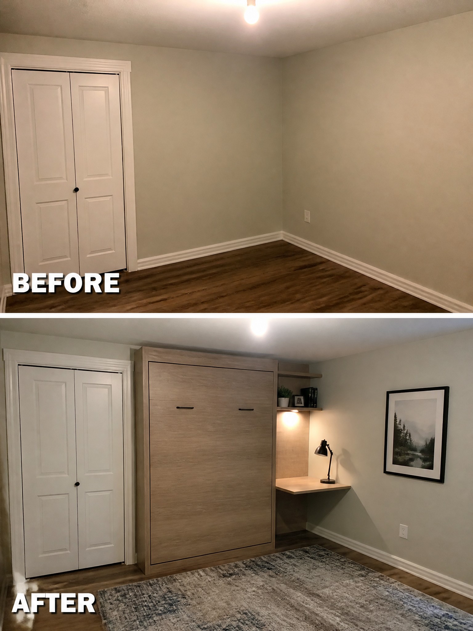 Renovated room with a murphy bed, desk, and modern decor; before and after comparison.
