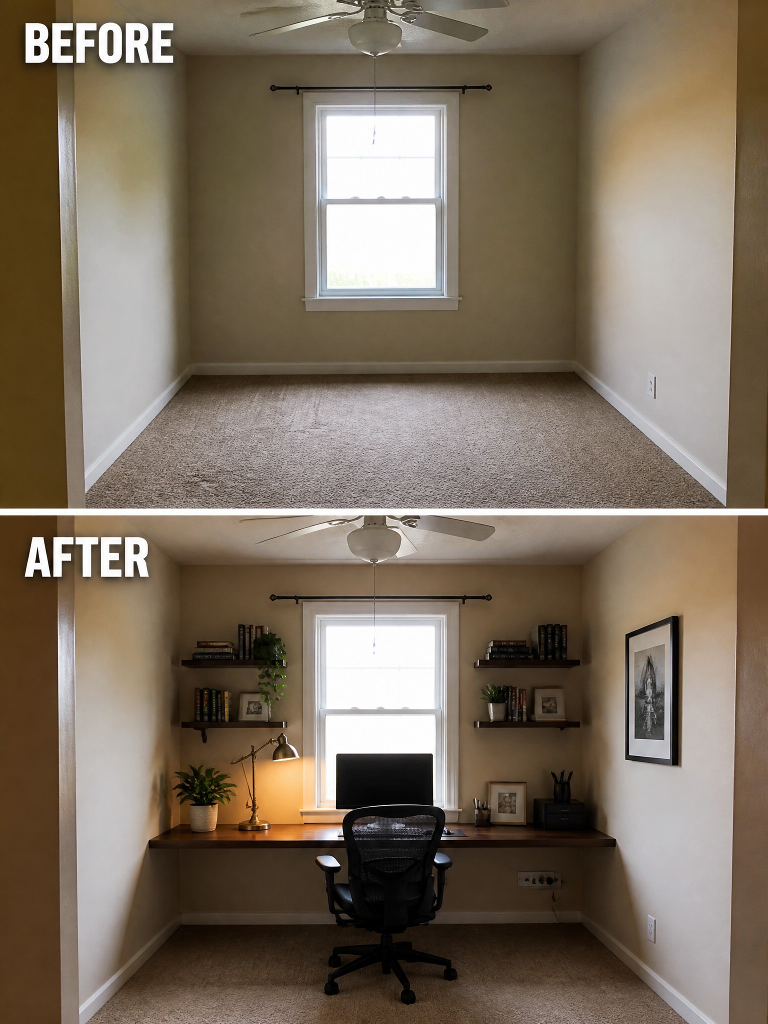 A transformed room with a desk, chair, shelves, and decorative plants.