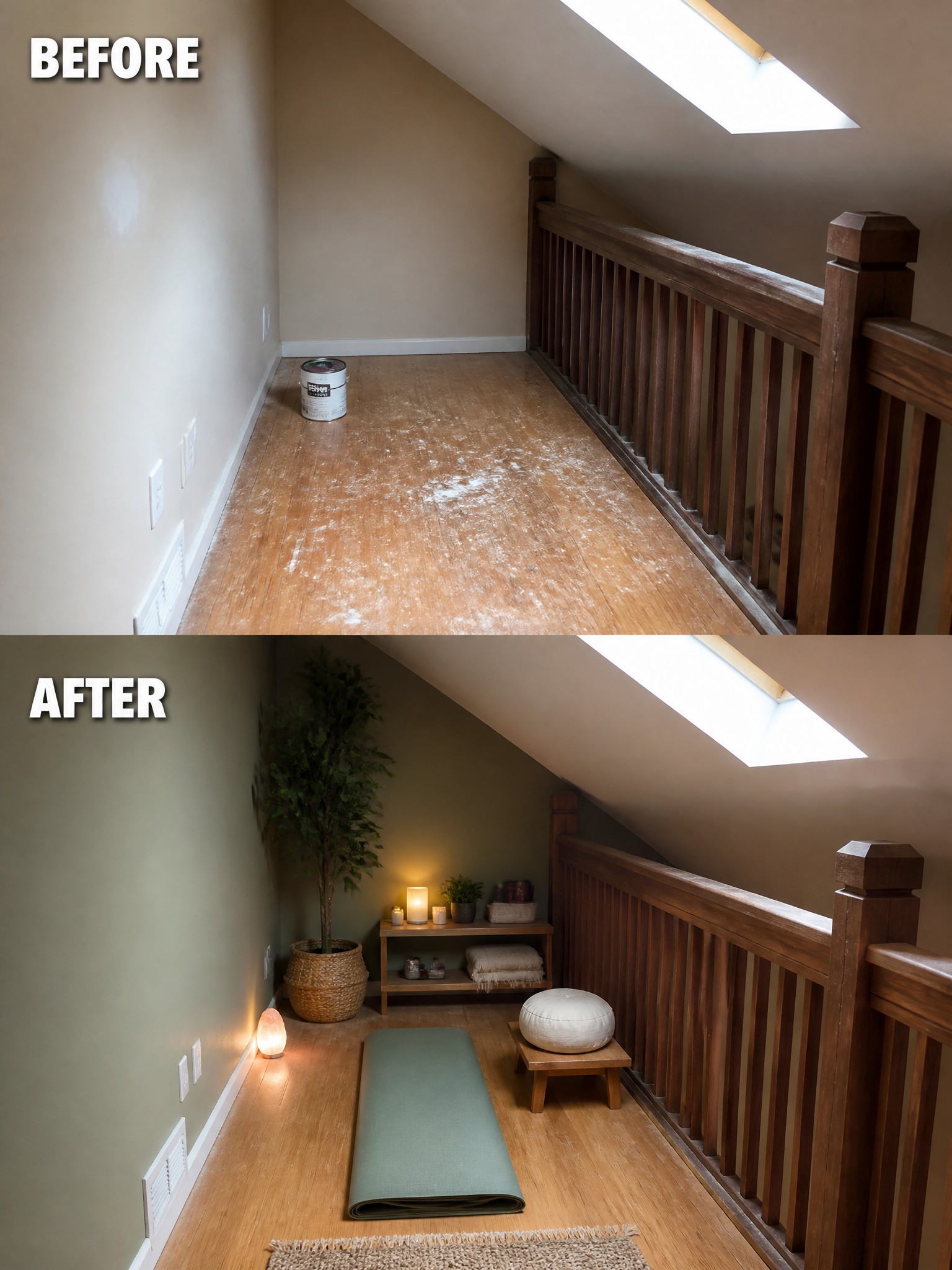 Before-and-after image of an empty under-stair area turned into a yoga and meditation space with a rolled mat, cushion, plant, and soft lighting.