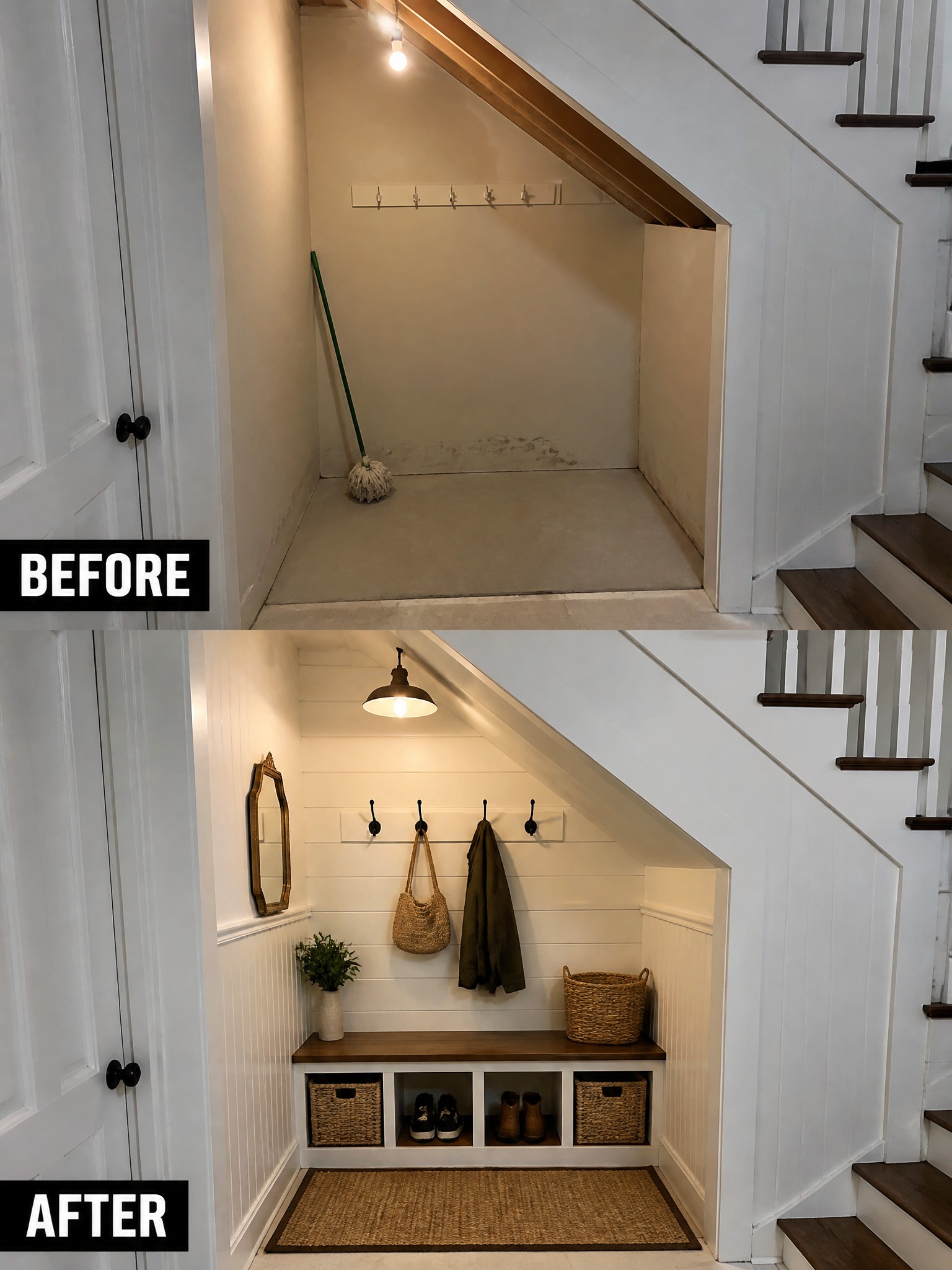 Before and after of an under-stair entryway transformation with hooks, storage, and decor.