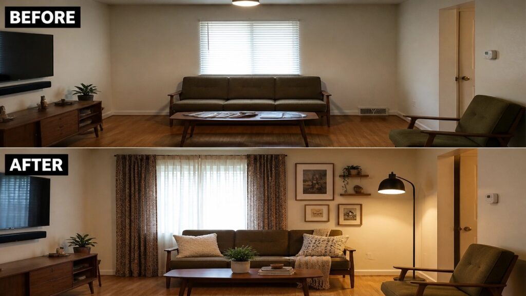 25 Creative Simple Room Remodel Ideas Using Curtains, Lamps, and Wall Decor Before and after living room with brown sofa, coffee table, armchair, and added decor.