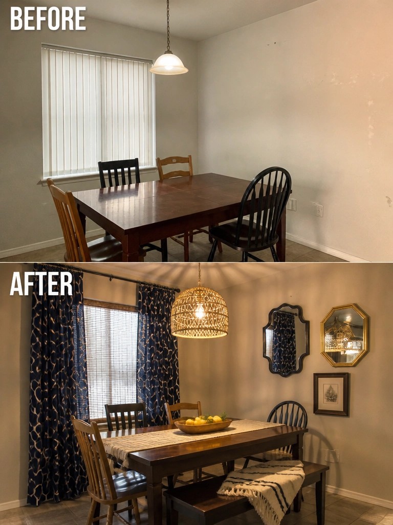 Before and after dining room with new curtains, woven light, mirrors, and bench.
