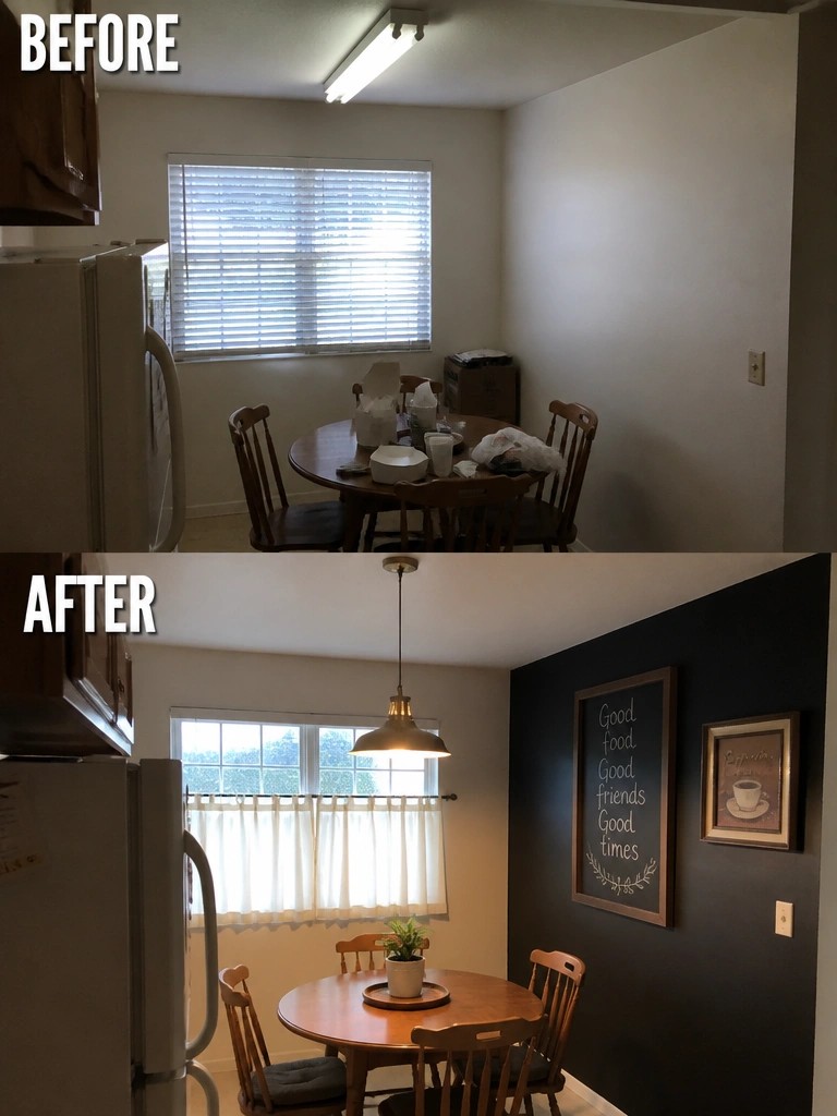 Before and after dining area renovation with new light, wall color, and decor.