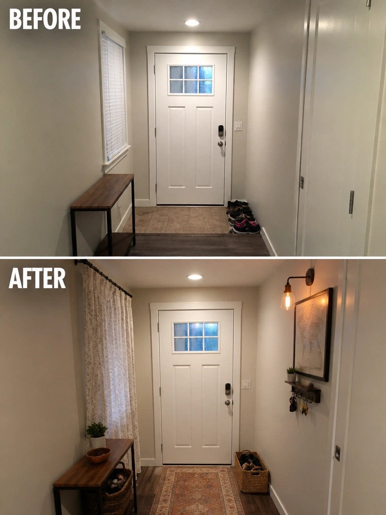 Before and after entryway with white door, console table, rug, and decor.