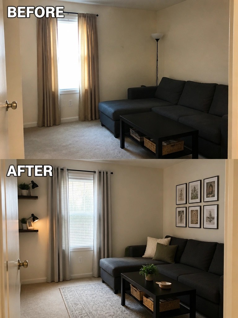 Before and after living room with dark sectional, coffee table, wall art, and shelves.