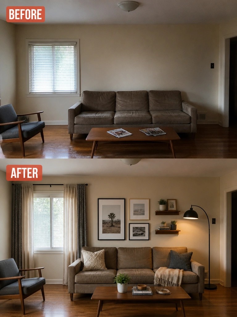 Before and after living room with brown sofa, coffee table, armchair, and added decor.