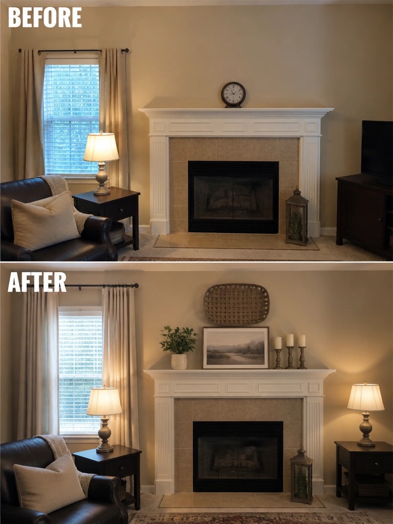 Living room fireplace before and after with updated mantel decor and lamp placement.