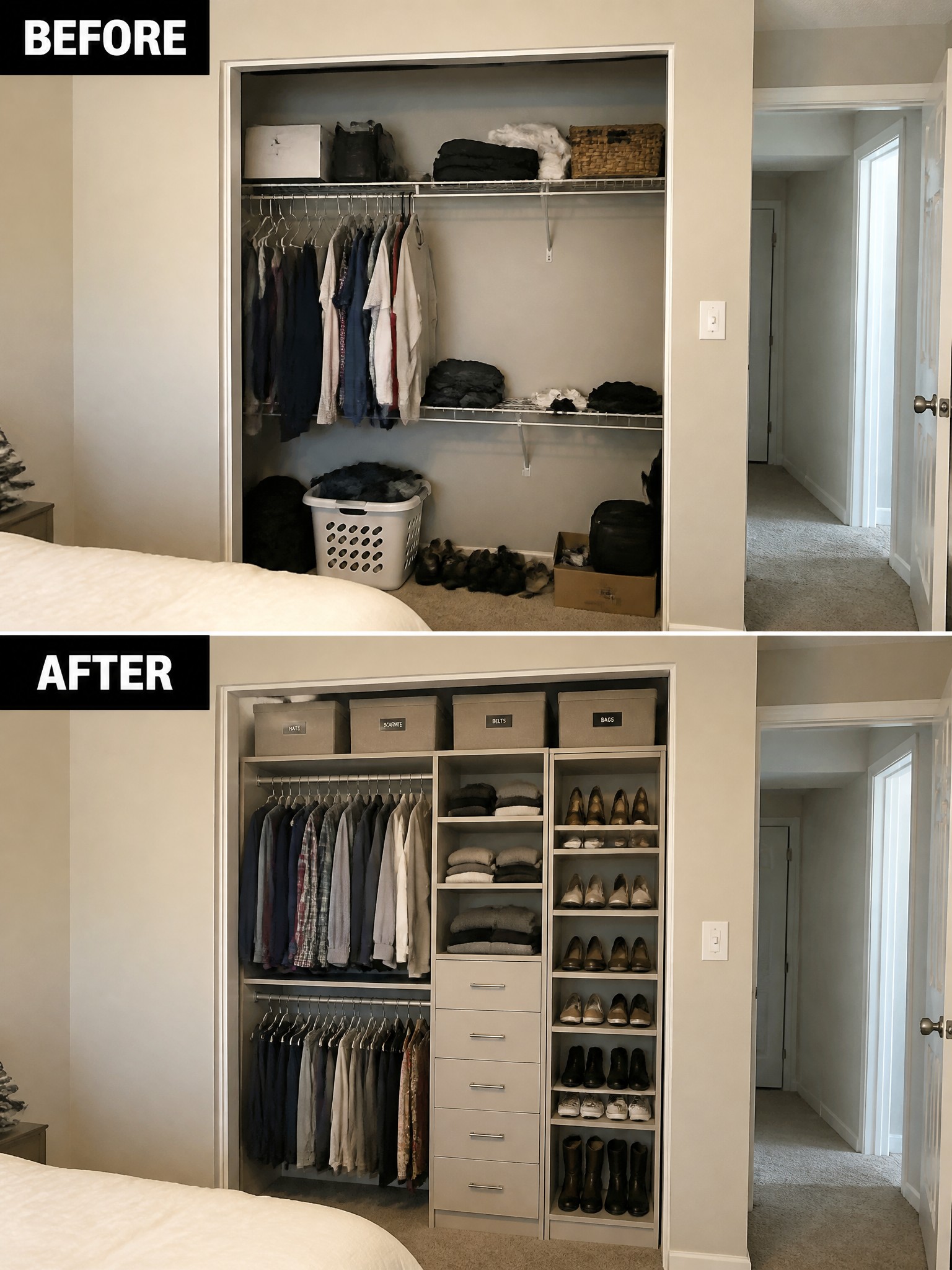 Before and after images of a closet transformation, showcasing organized clothing and storage.