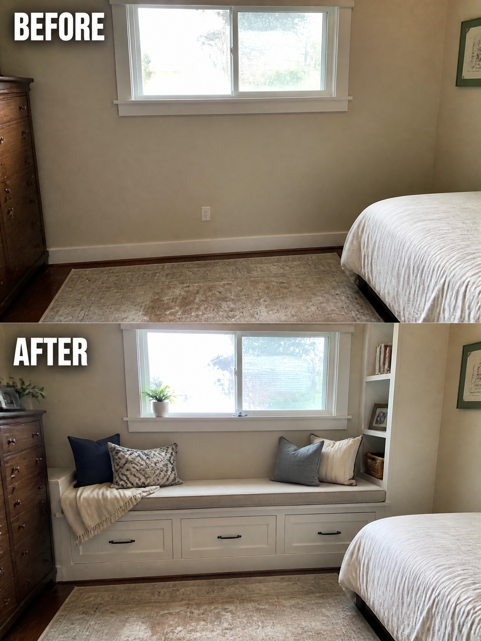 Before and after of a bedroom, showing added window seat and decor improvements.