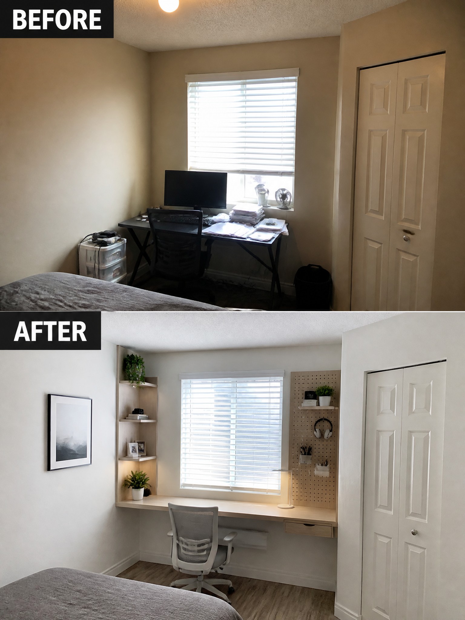 Before-and-after room transformation featuring a sleek desk, shelves, and neutral colors.