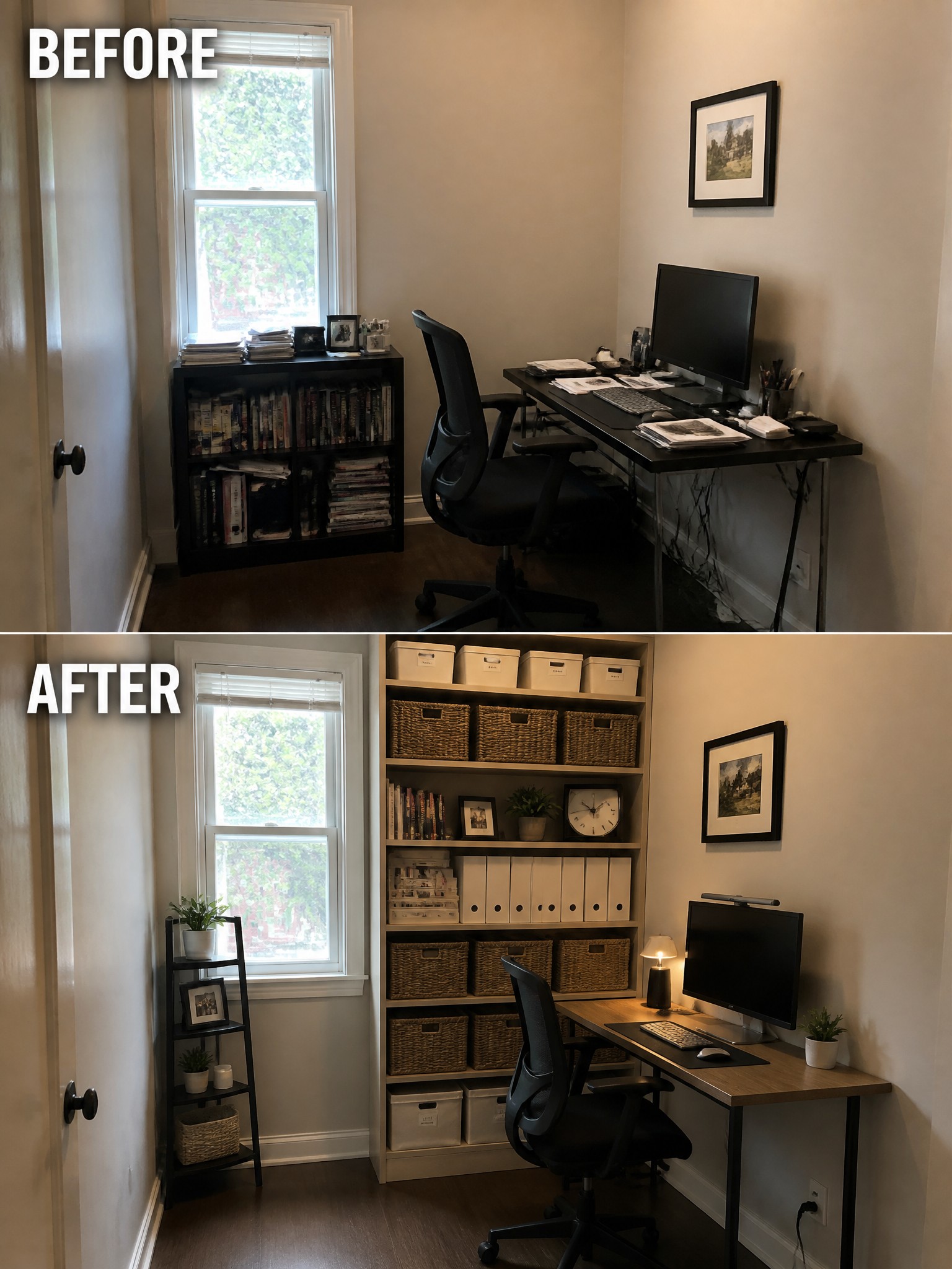 Before-and-after image of a small office updated with built-in shelving that replaced a standalone bookcase and added organized storage.