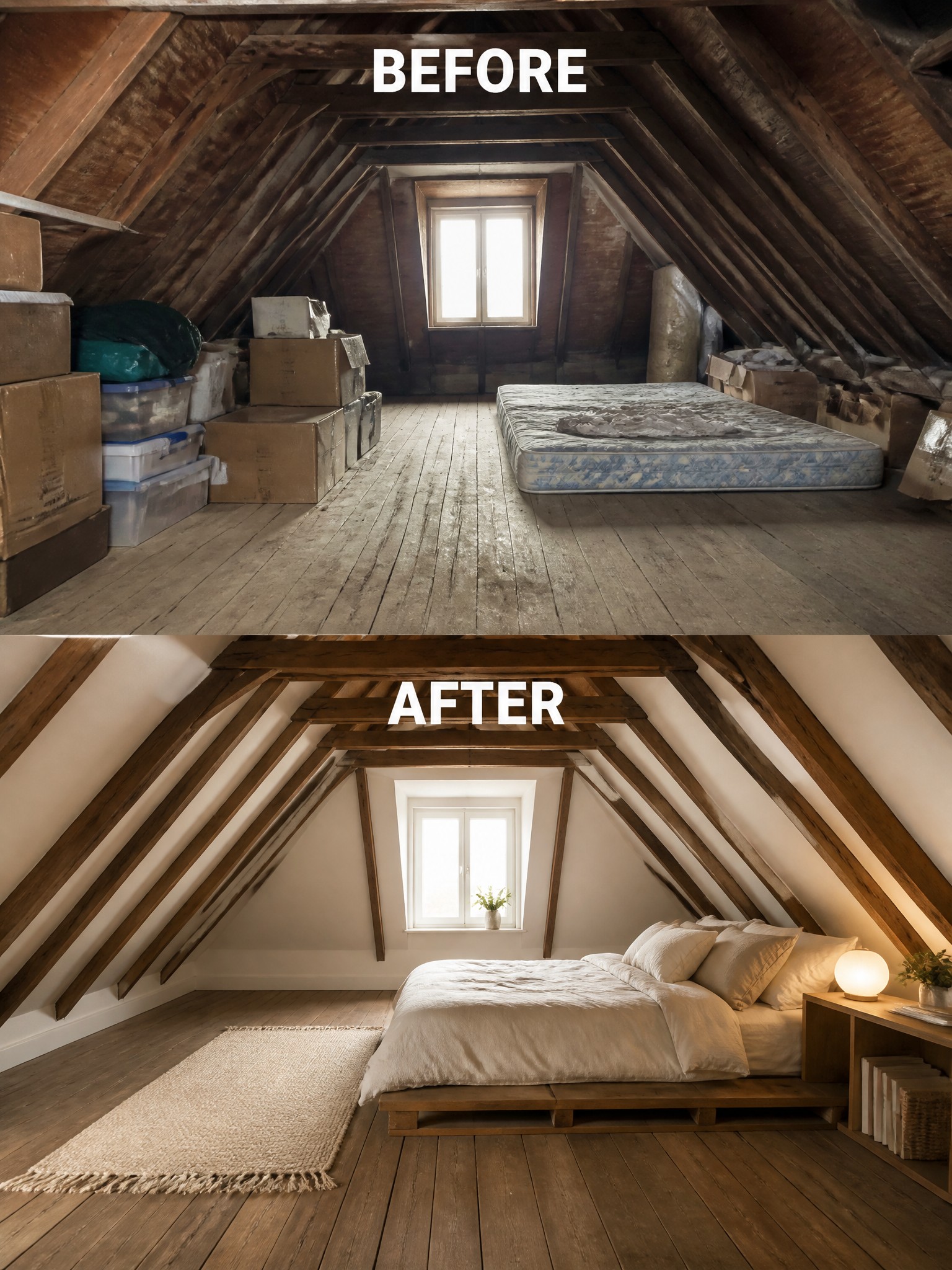 Attic transformation: cluttered storage with boxes, to a serene bedroom with a bed.