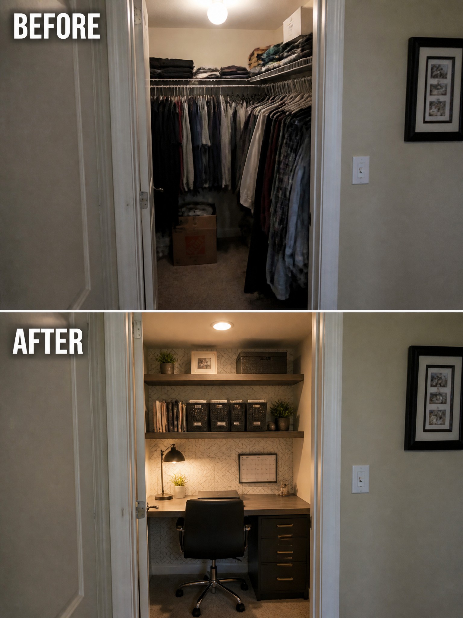 Before: cluttered closet with hanging clothes and cardboard box. After: organized workspace with shelves, desk, and lamp.