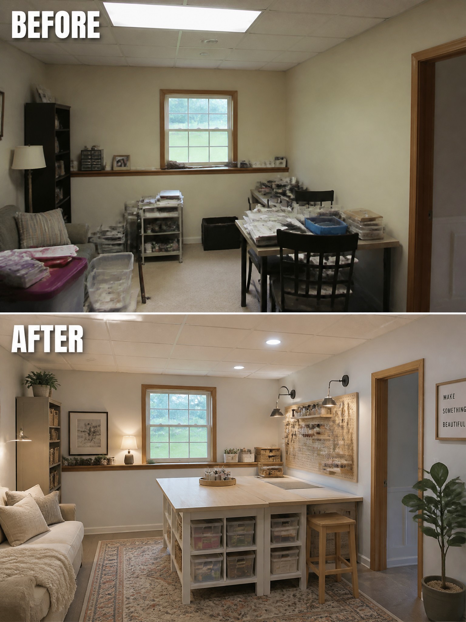 Transformed workspace featuring bright decor, organized tables, and cozy seating after renovation.
