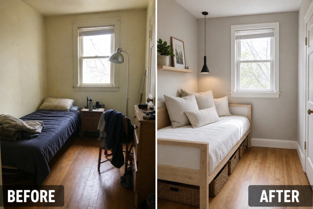 Before-and-after image of a cluttered small bedroom updated with a wooden daybed, floating shelf, under-bed storage, and minimal wall decor.