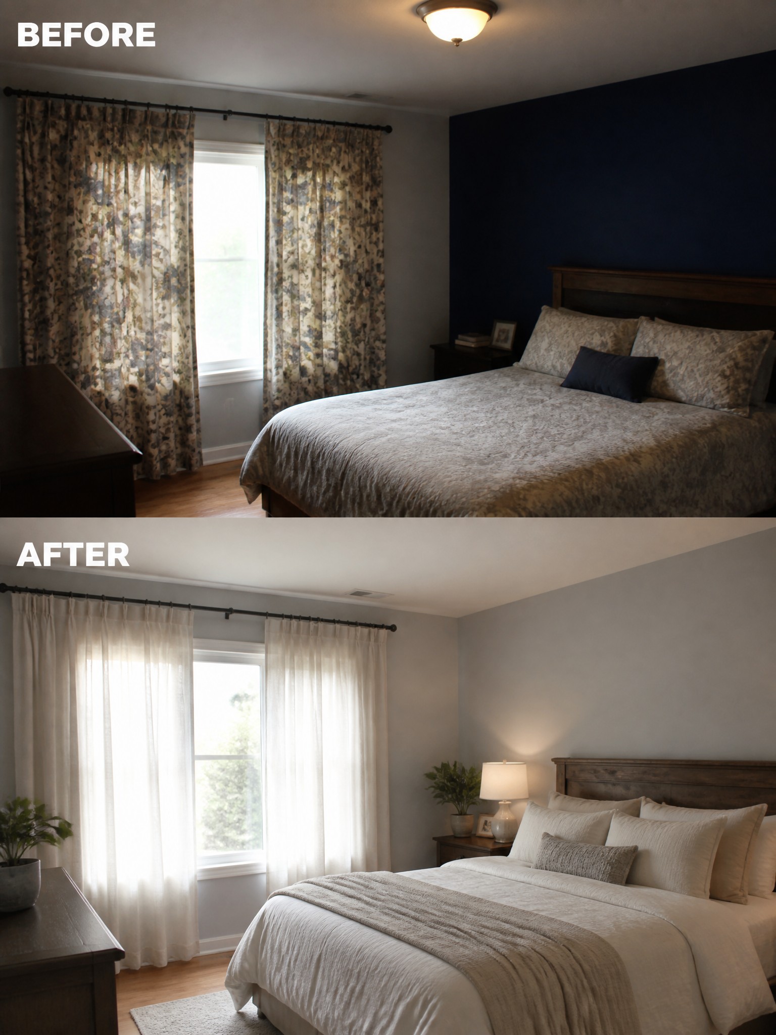 Before and after shots of a bedroom, showcasing dark curtains and blue wall versus light curtains and a gray wall.