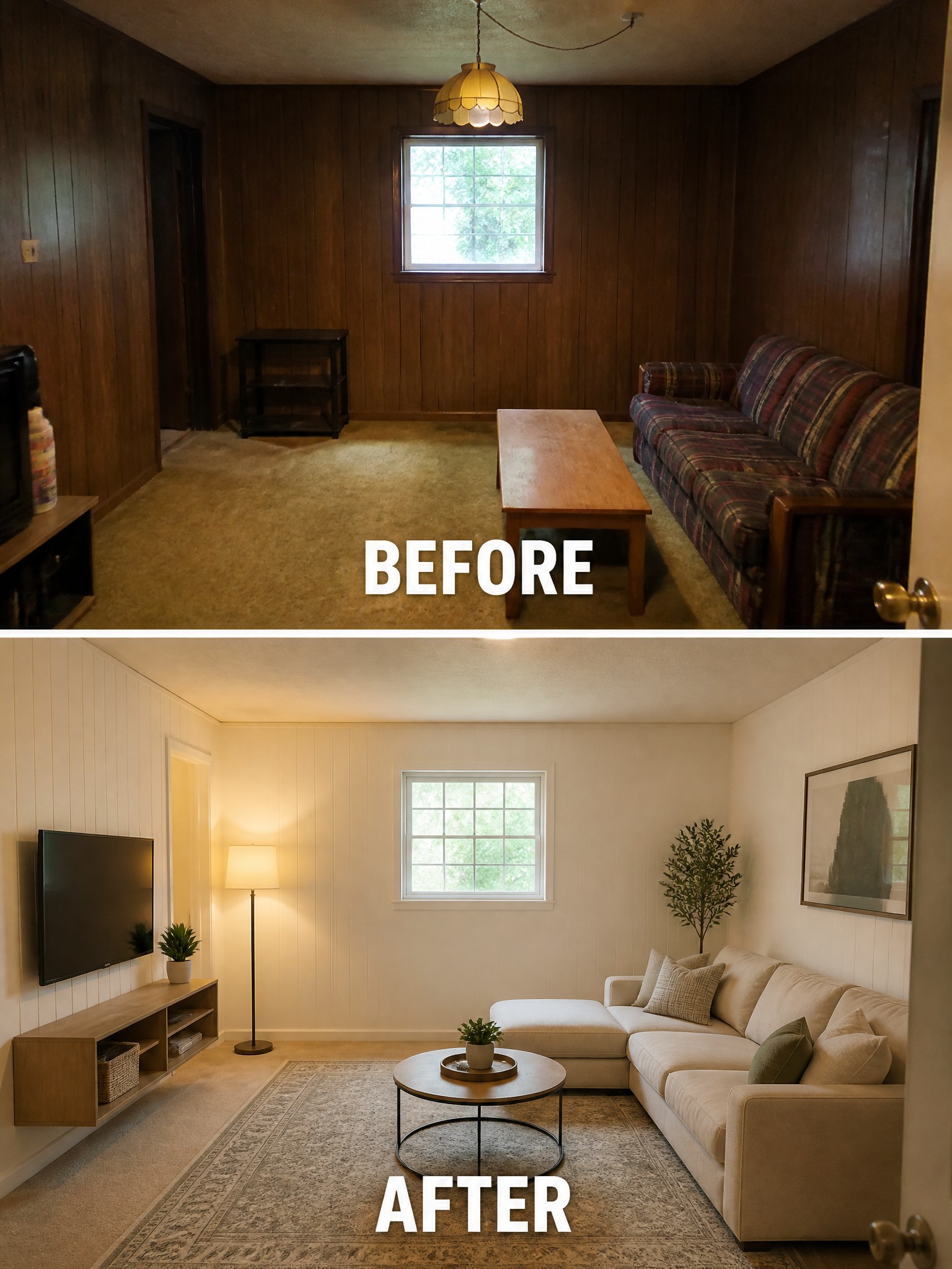 Before and after living room transformation: dark wood paneling to bright, modern decor.
