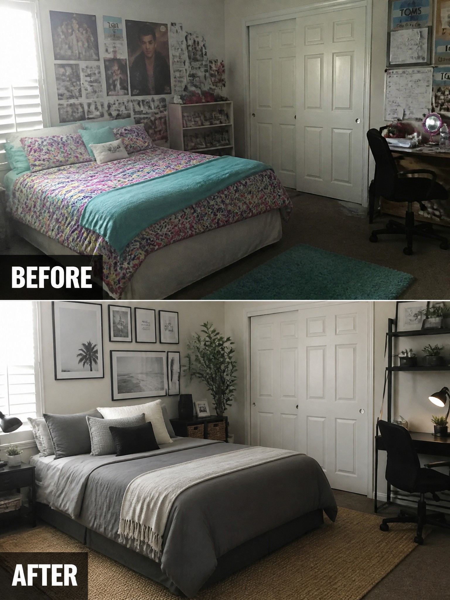 Before: colorful bedspread and cluttered decor; After: minimalist gray bedding and framed art.
