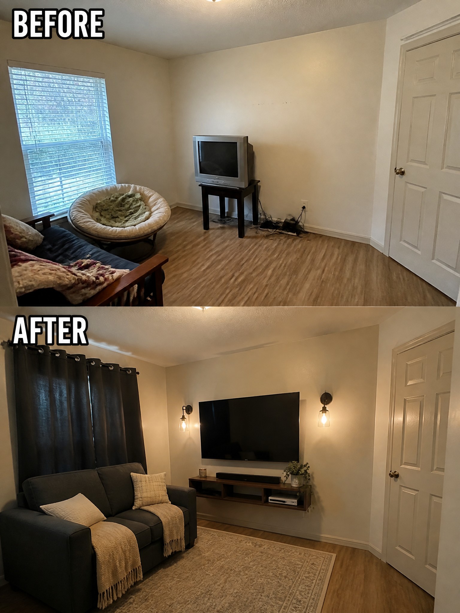 Living room transformation: outdated TV and couch replaced by modern decor and furniture.