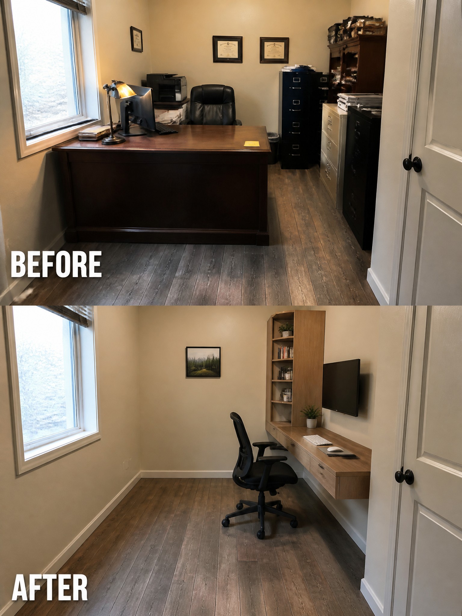 Before and after of an office space, showing a cluttered desk transformed into a minimalist design.
