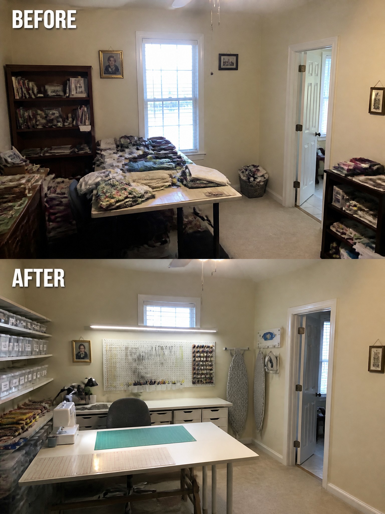 A spacious sewing room before and after organization, featuring fabric stacks, a cutting table, and storage.