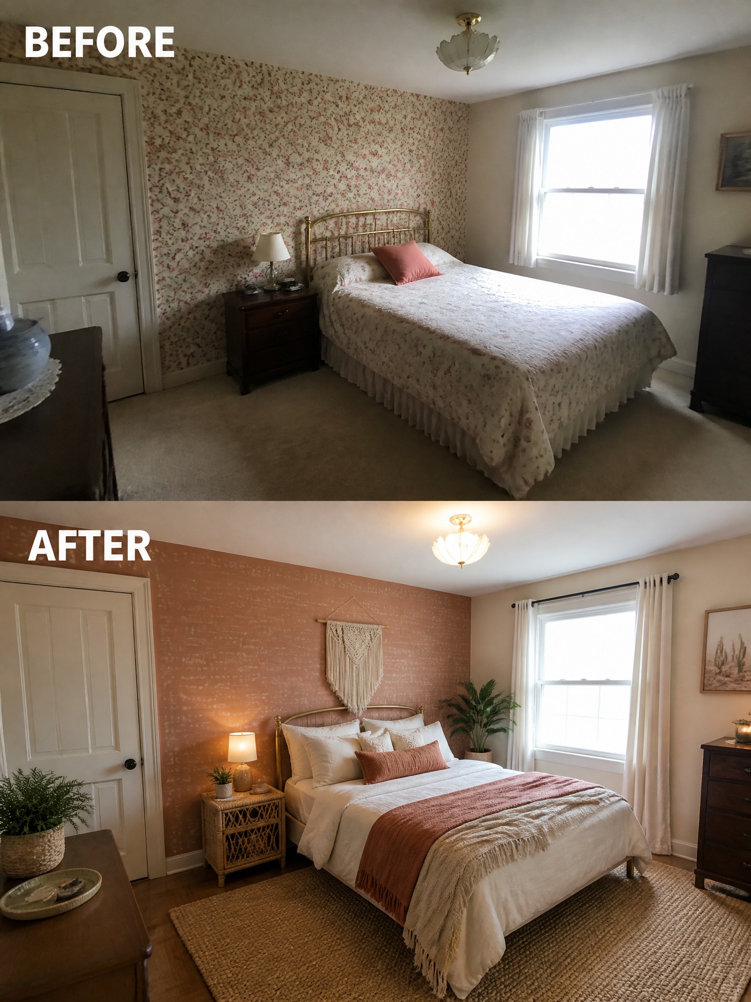 Before-and-after image of a bedroom with floral wallpaper updated to solid terracotta walls, new bedding, rug, and layered accessories.