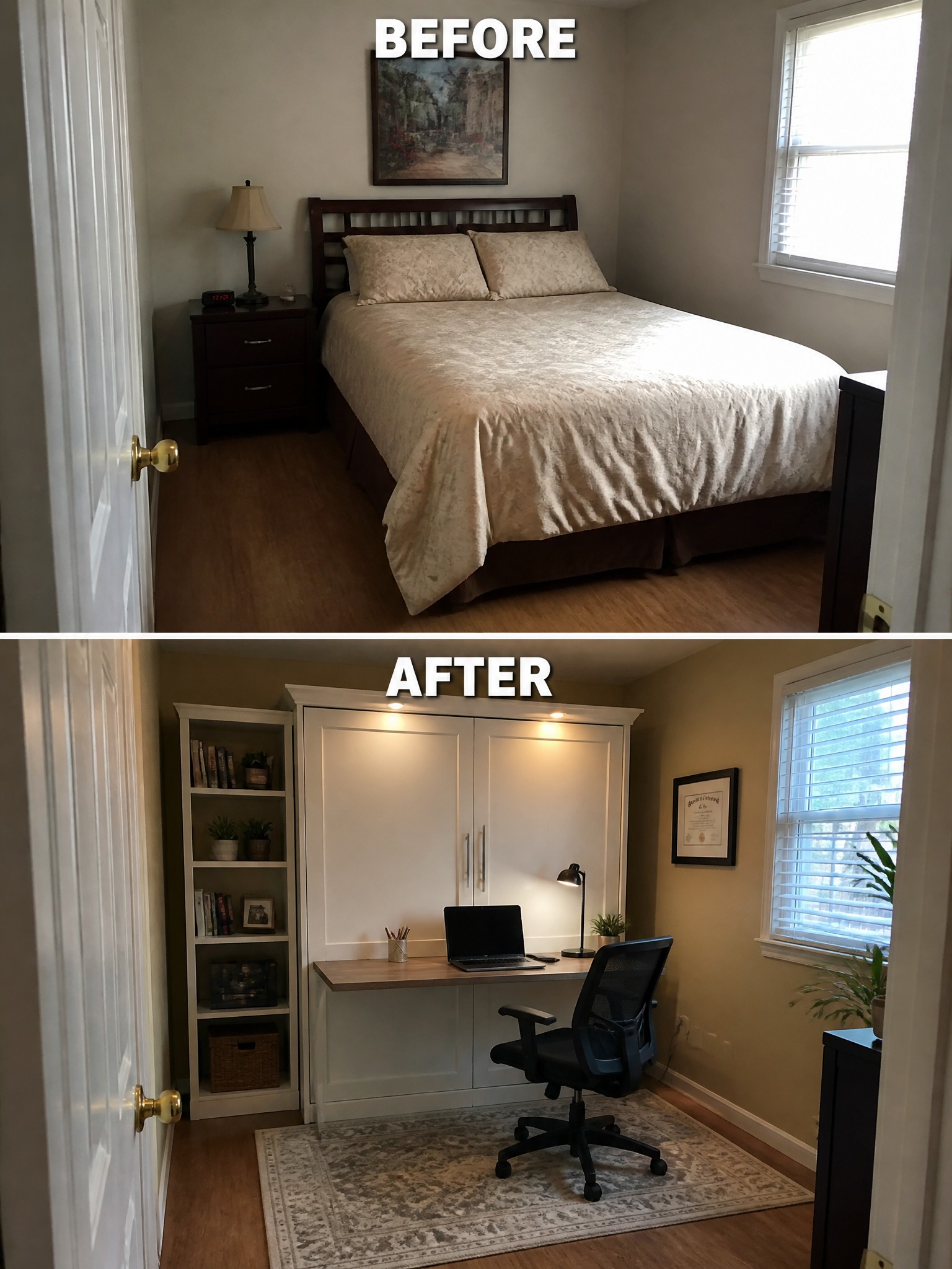 Before: a simple bedroom with a bed and lamp. After: a stylish home office with a desk, chair, and shelves.