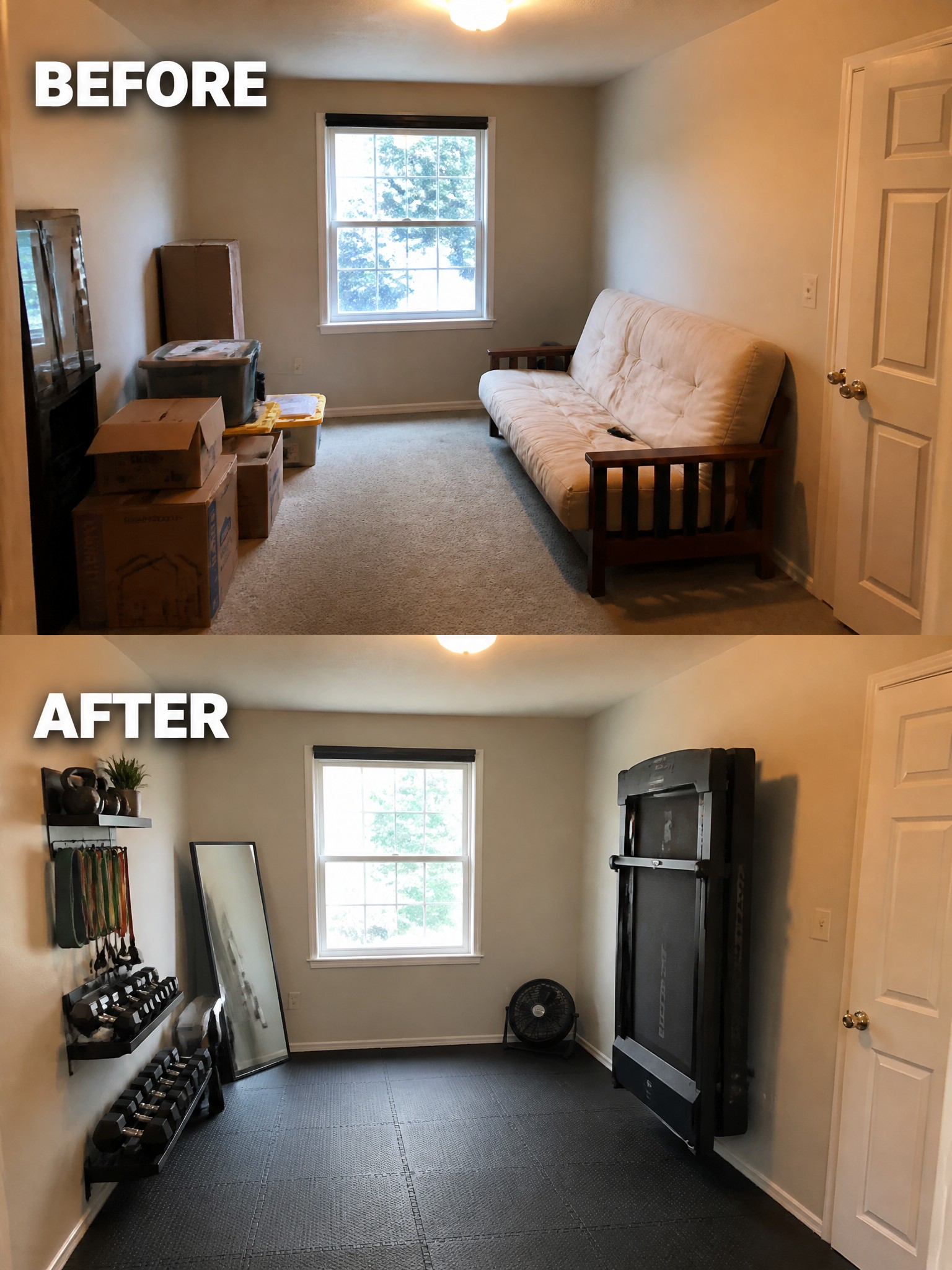Before-and-after image of a cluttered storage room turned into an organized home gym with wall shelves, dumbbells, and a treadmill.