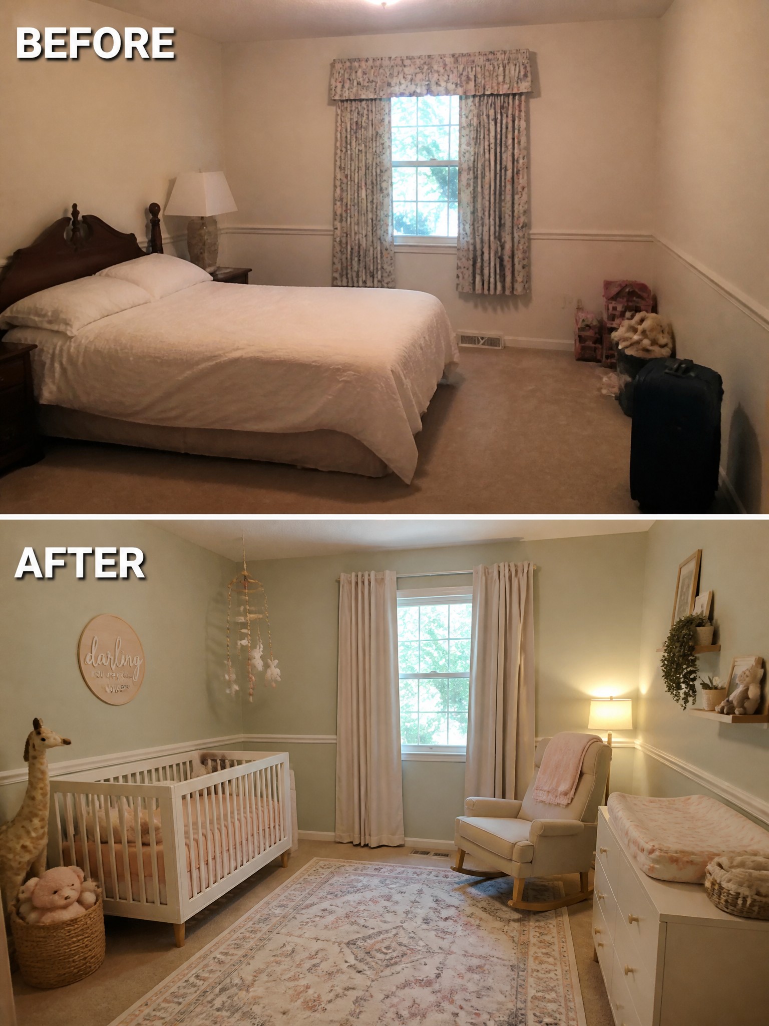 Before-and-after image of a bedroom converted into a nursery with a crib, rocking chair, changing table, and soft wall accents.