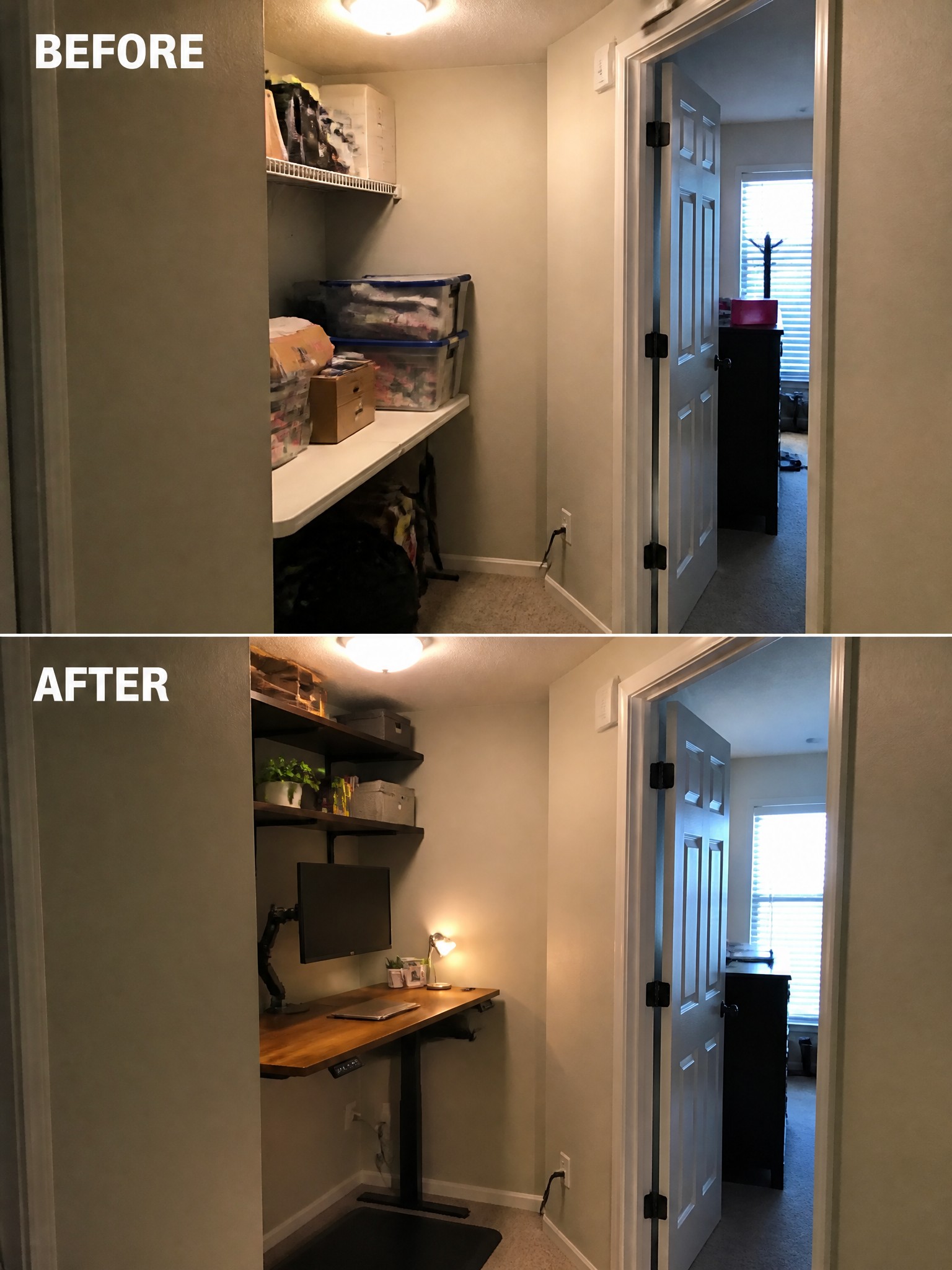 A closet transformation from cluttered storage to a sleek, organized workspace with a desk.