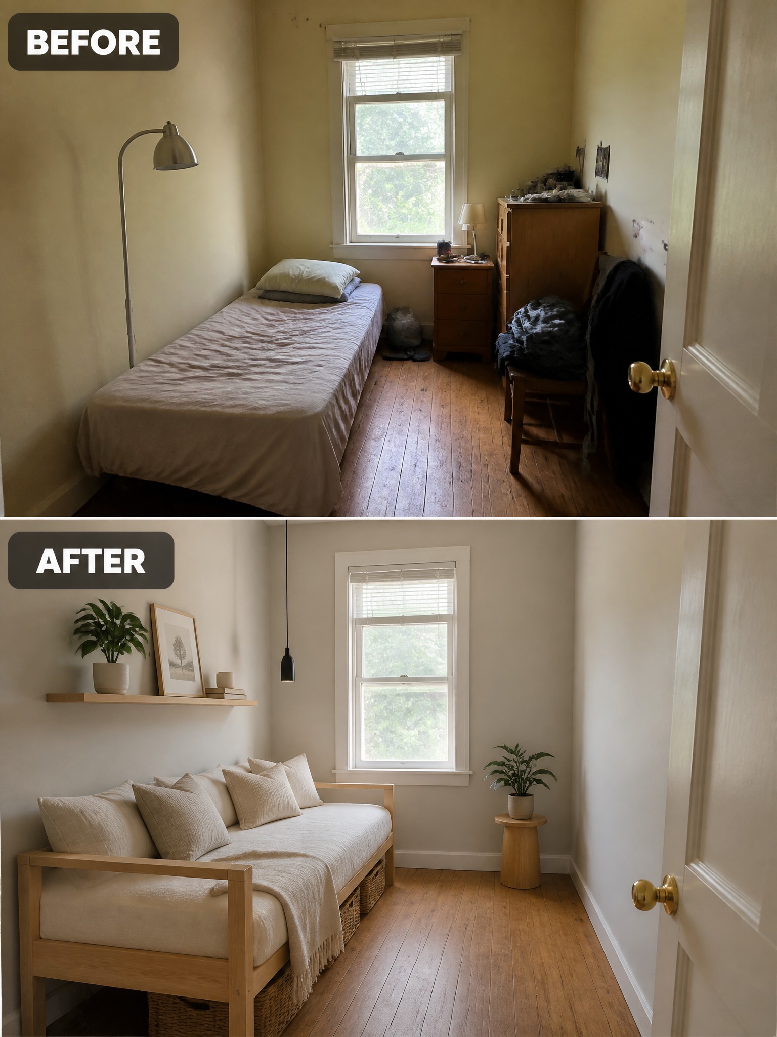Before-and-after image of a cluttered small bedroom updated with a wooden daybed, floating shelf, under-bed storage, and minimal wall decor.