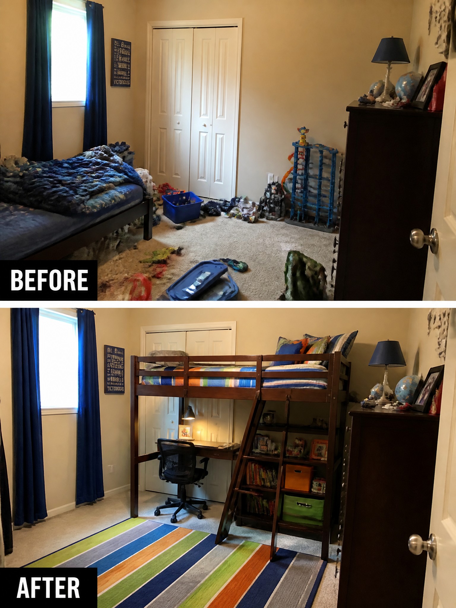 Before-and-after image of a cluttered child's bedroom transformed by installing a loft bed with a desk and storage space underneath.