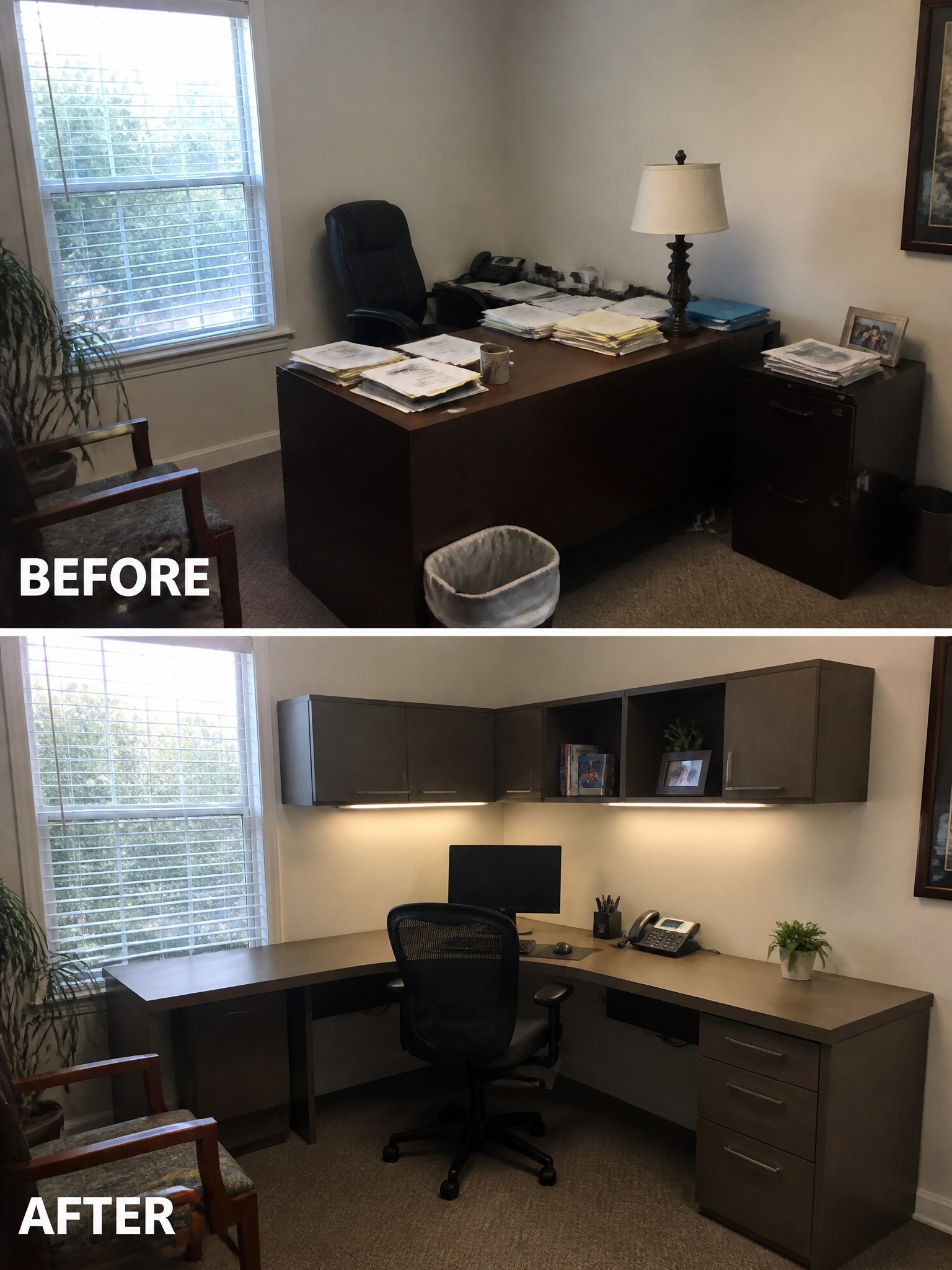 Before-and-after office transformation featuring a cluttered desk and organized, modern workspace.
