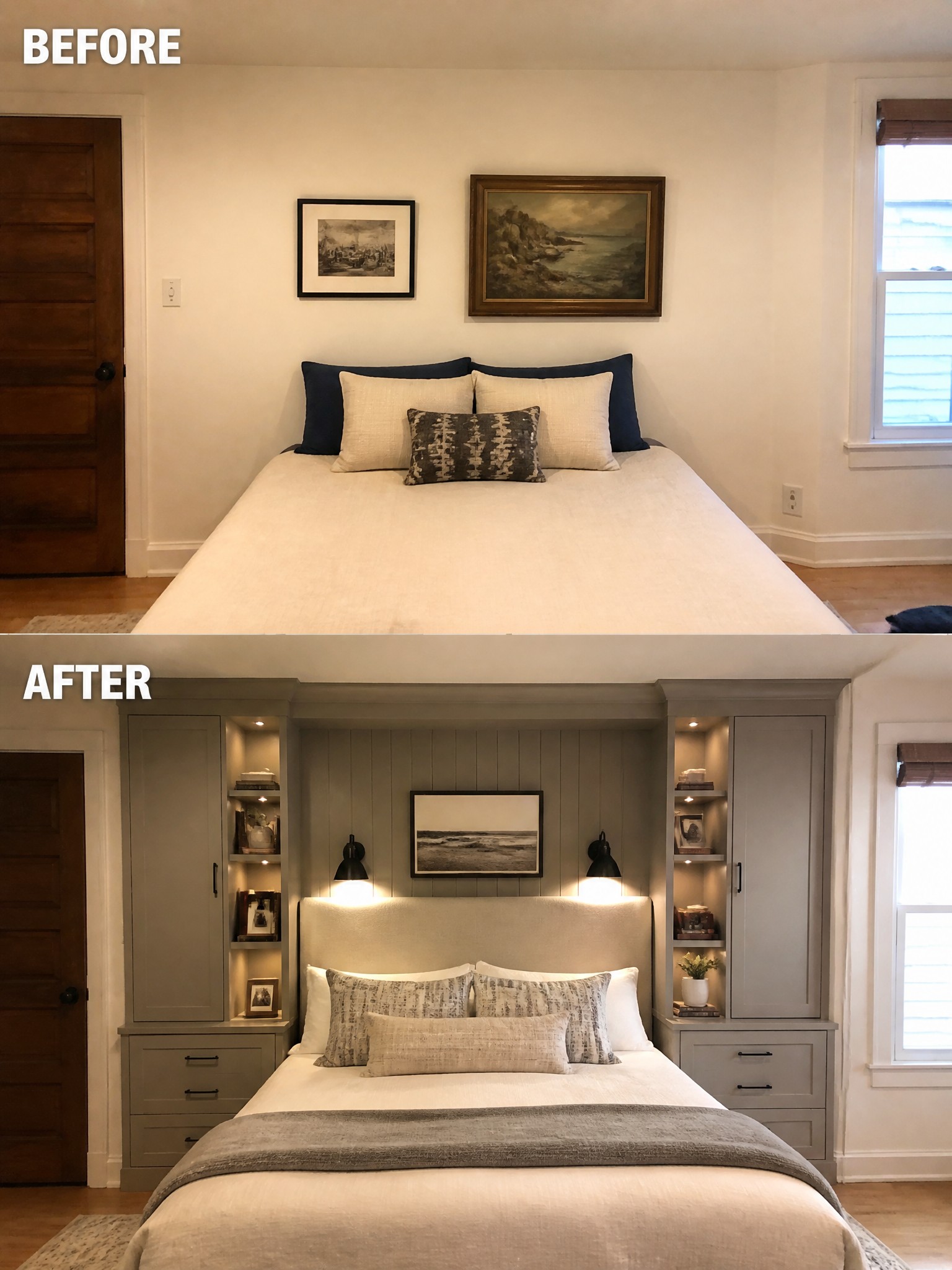 Before and after of a bedroom: simple decor transforms to stylish with built-ins.