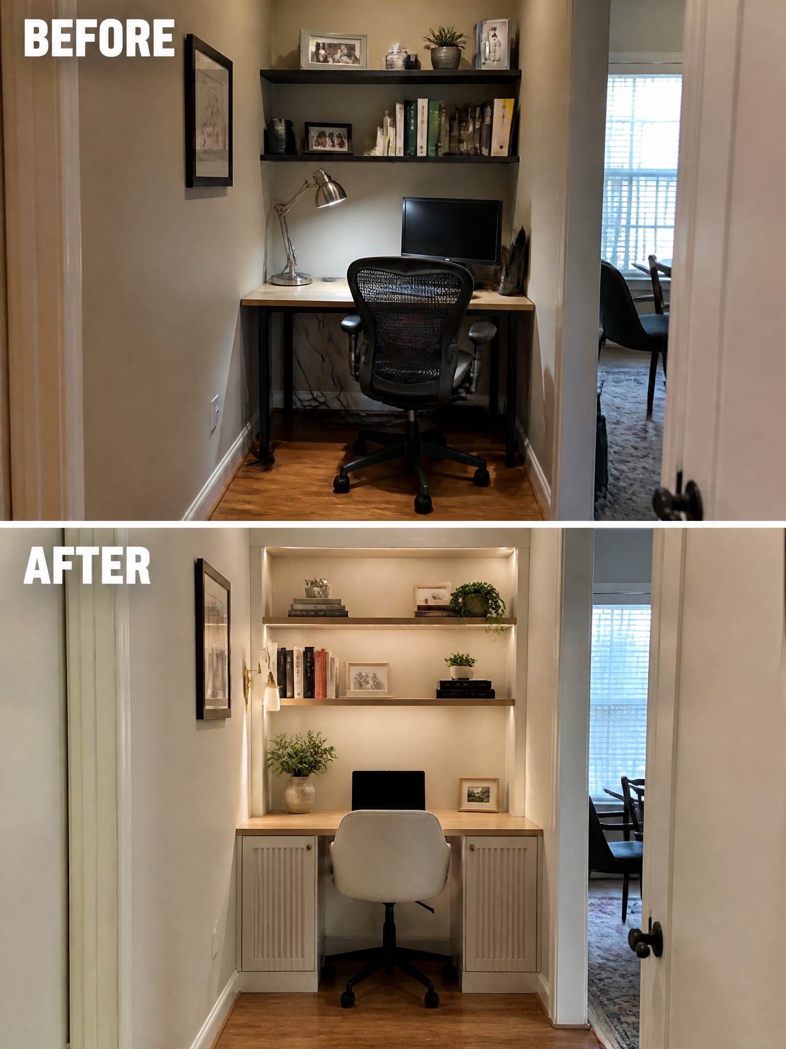 Before-and-after image of a small workspace alcove updated with built-in cabinets, integrated shelf lighting, and a new desk chair.